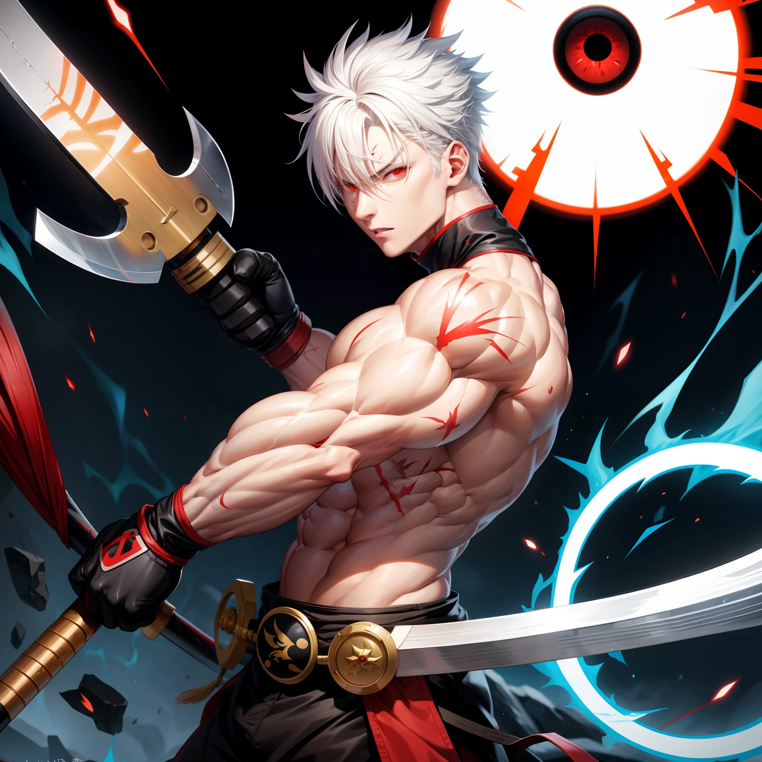 One Guy with white hair, wearing ninja outfit, red eyes, one eye is damaged, using huge axe, attacking, huge muscles, scars on the body, electric power effects around the character,
