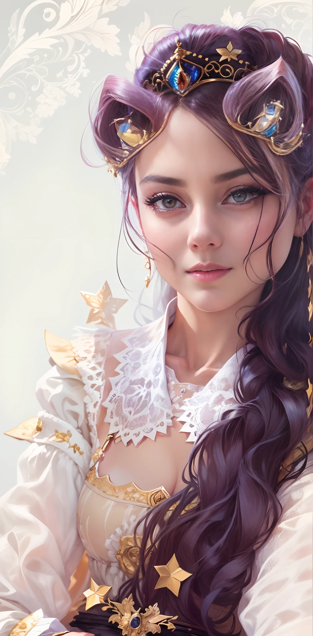 (absurd, high resolution, super detailed), 1girl, solo, mature, baroque, long skirt, long sleeves, elegant, colorful, most detailed, upper body, cool, luxury background, queen's diamond crown.