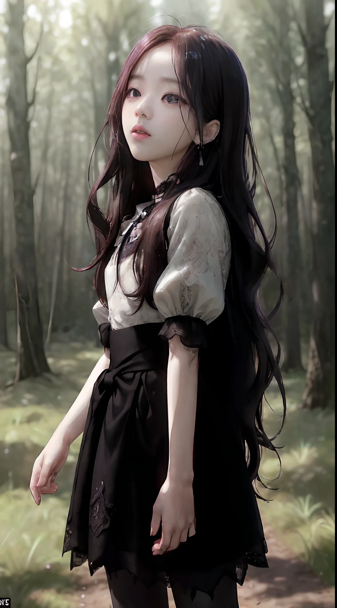 ((Jisoo Blackpink)), lace earrings, dress, black tights to the waist, close-up of thighs to face, shot from below, very light skin, very long hair, wavy hair, Camping, Forest, photorealistic, Lighting indirect, volumetric light, line tracking ray, hyper-detailed, best quality, ultra-high resolution, HDR, 8k