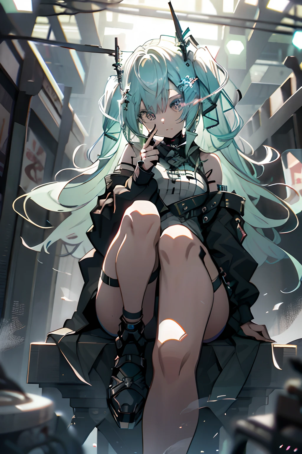 Pointing a finger、cross one's legs、Sit up、morning、miku hatsune、miku hatsune、Green hair、Blunt bangs、Photorealsitic, hight resolution, 1 rapariga, Korea person,Flame from the eyes、🔥