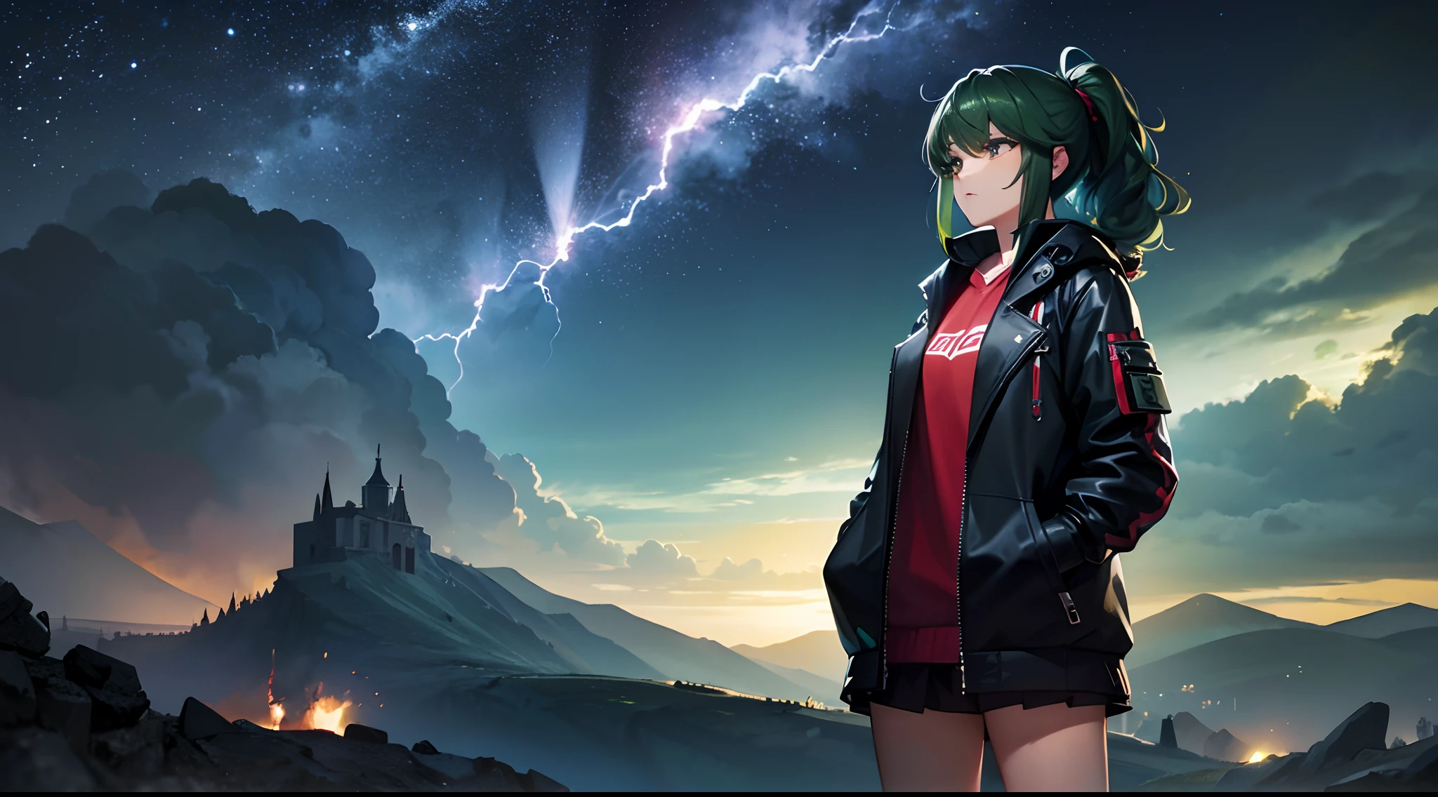 masterpiece, lots of detail, 4k, 8k, ((ultra-detailed)), highres, 1girl, jacket, hands in pockets, lightning, hill, night, distant terrain, thunder, {red hair|green hair|black hair|blue hair}, {ponytail|short hair|long hair|curly hair}