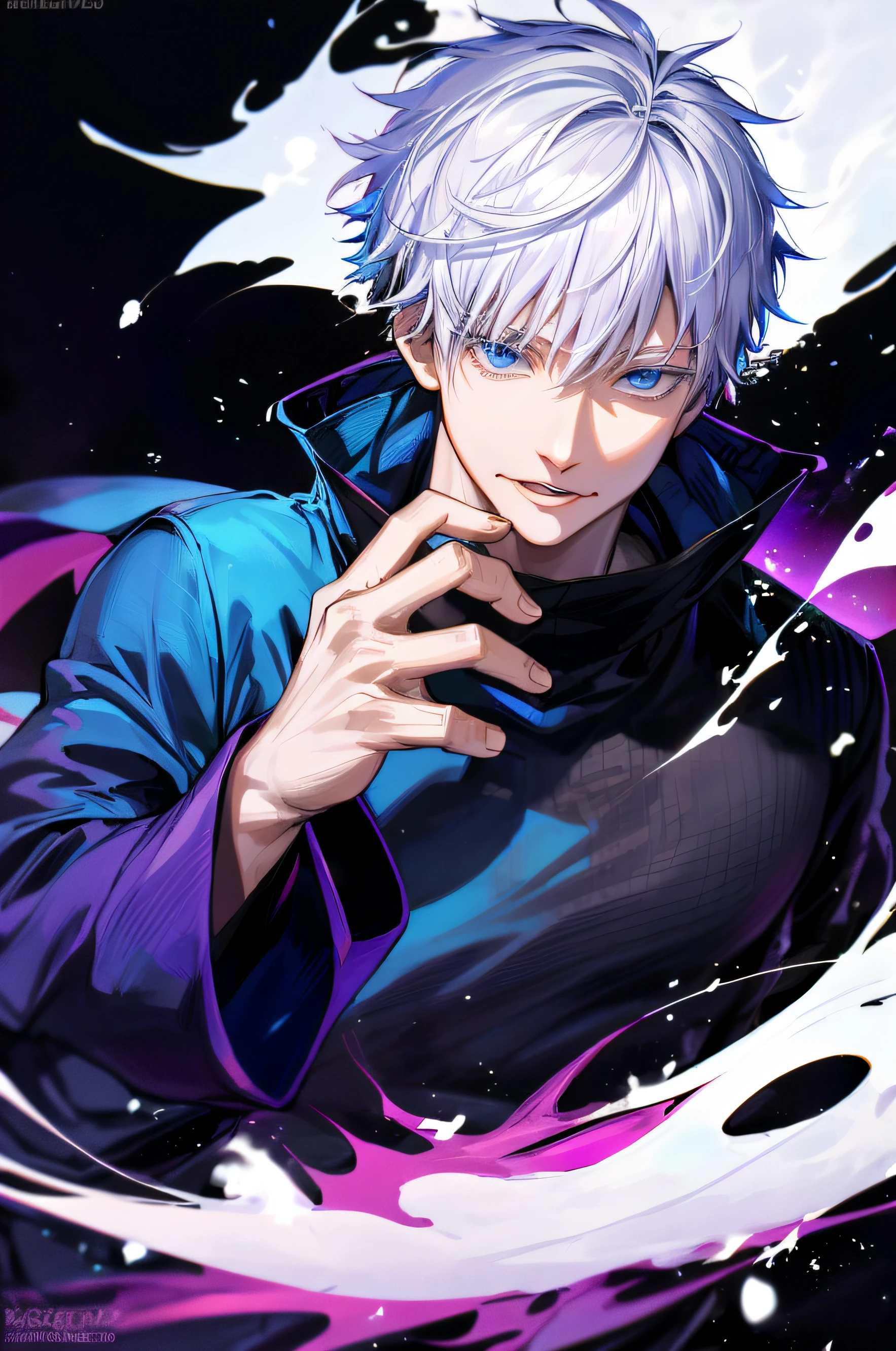 Masterpiece, best quality, (anime), (illustration), (1 man), mature man, Japanese anime style, (modern Japanese man), (russ mills style), (messy short hair with bangs), (white hair), (white skin), (bright blue eyes), handsome, (black clothes, smooth t-shirt) dropping a ball of purple light energy by the finger,eltric powers, making hand sign, (chiaroscuro), fine facial details, cinematic lighting, (depth of field), UHD, (upper body) background purple fuxia and blue.