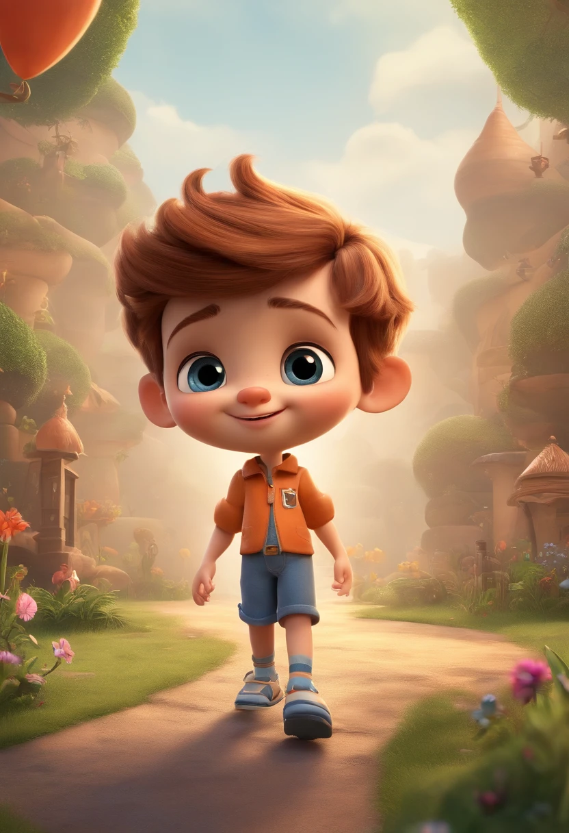 a happy cute kid standing short hair, vestindo uma fantasia espacial,garoto sonhador, garoto sorrindo, fundo branco, barnet, tom, Estilo Pixar, ..3d, desenhos animados, rosto detalhado, asymmetrical 16k