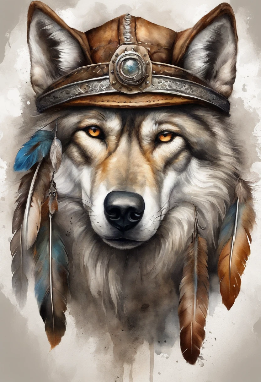 HighestQuali, dramatic  lighting, Threatening posture, Fierce expression on his face, epic atmosphere, (((Indian feather hat in the shape of a wolf's head))), (((Shot Full Body))),Wolves made of metal, Cyborg, Cyberpunk style, clockwork, ((intricate details)), HDR, ((intricate details, Ultra Detailed)), Incandescent lamps, Filmed in a movie, vignette, Baker ground bokeh effect, (canid), (Shot Full Body).