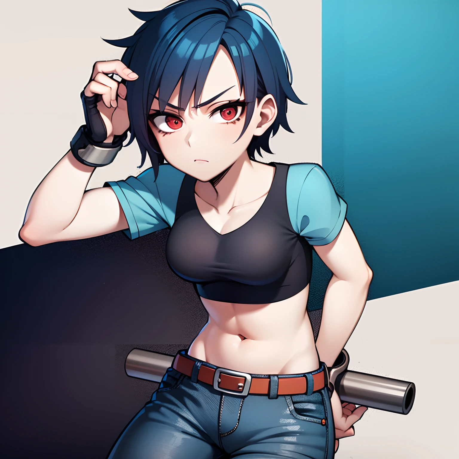 blue hair girl, (1 girl), (solo), (high quality), slim body, orange hoodie, short hair, serious face, big red eyes, skirt jeans, red belt, black baseball bat, high detailed