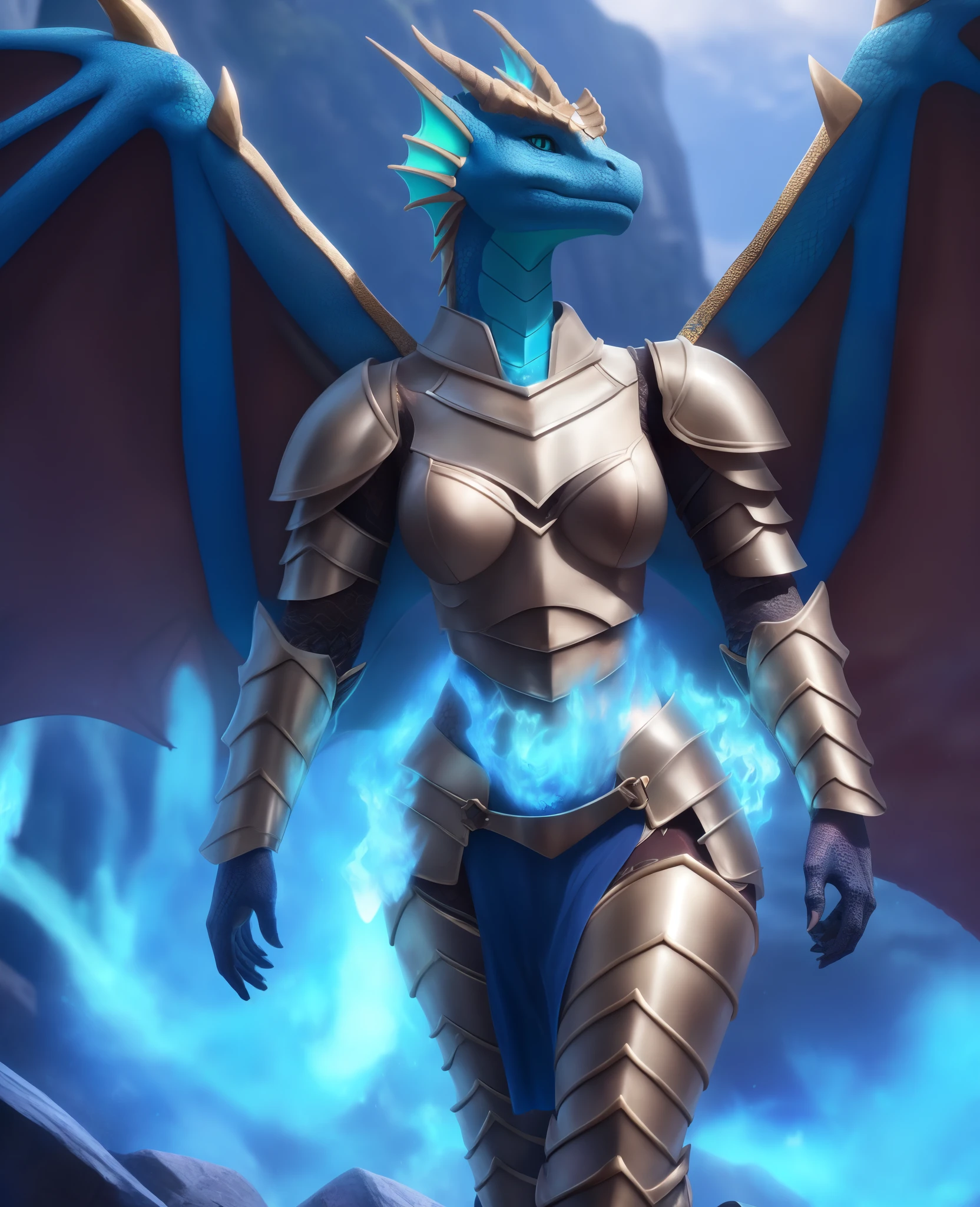 female, dragon, (using skimpy armor:1.4), detailed scales, intricate loincloth, (multicolored body:1.2), fin, wings, blue fire manipulation, masterpiece, best quality, 4k, , detailed background, 8k, (hi res, best quality, high quality, masterpiece:1.1)