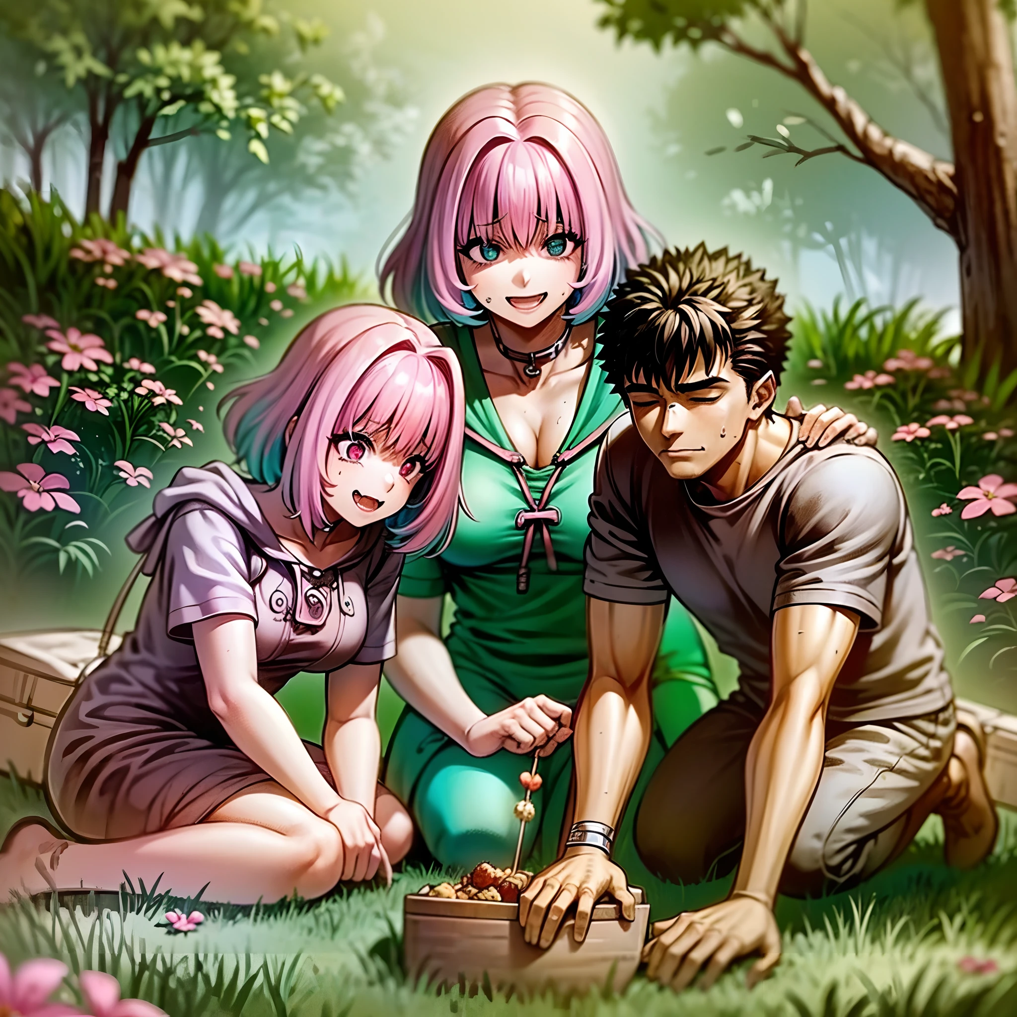 (a happy family in a picnic garden),(riamu as a motherly figure),(riamu and her husband spending quality time),(a couple enjoying the outdoors),(riamu's children playing and having fun),(guts as a loving and caring father),(a loving husband and wife),(riamu and her son sharing a joyful bond),(a happy and harmonious family),(the joyful laughter of children),(the warmth of family bonds),(a picturesque garden scene),(the vibrant colors of nature),(the soft sunlight filtering through the trees),(a peaceful and serene atmosphere),(guts and riamu surrounded by blooming flowers),(the scent of freshly cut grass),(a delicious picnic spread with a variety of food),(the sound of birds chirping),(the feeling of grass beneath their feet),(the love and happiness radiating from the family),(a moment of pure joy and togetherness),(a snapshot of a perfect family outing),(a memory to be cherished forever)