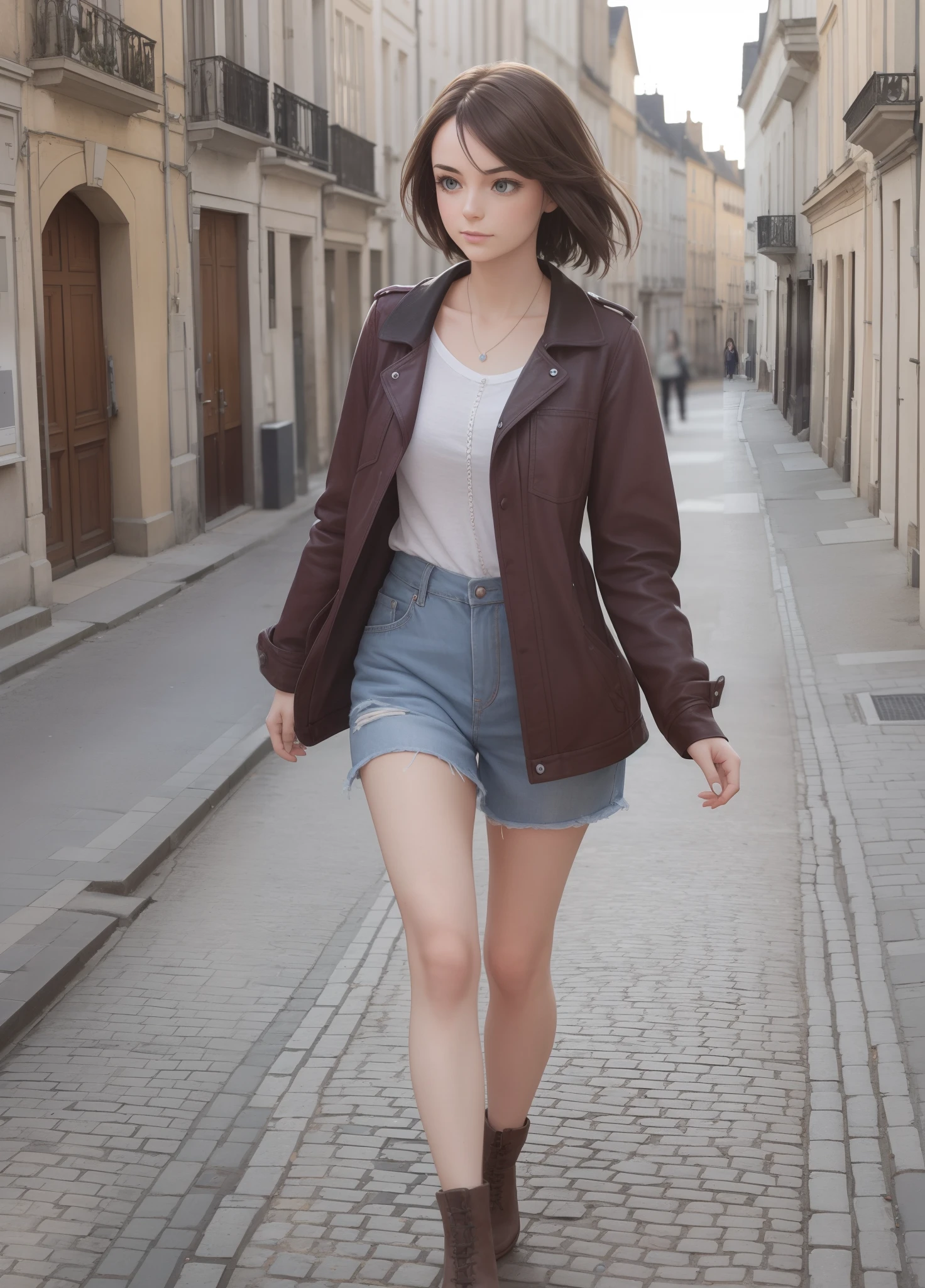 fille de 25 ans realiste, brune qui marche en secouant ses cheveux --auto --s2