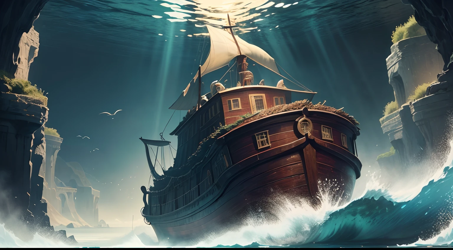 Draw a scene where a man is diving into dark, deep waters, but as he descends, The waters turn into living biblical scenes, like the passage of the Red Sea or Noah's Ark.