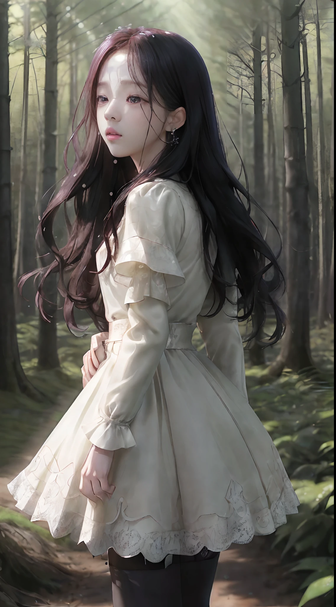 ((Jisoo Blackpink)), lace earrings, dress, black tights to the waist, close-up of thighs to face, shot from below, very light skin, very long hair, wavy hair, Camping, Forest, photorealistic, Lighting indirect, volumetric light, line tracking ray, hyper-detailed, best quality, ultra-high resolution, HDR, 8k