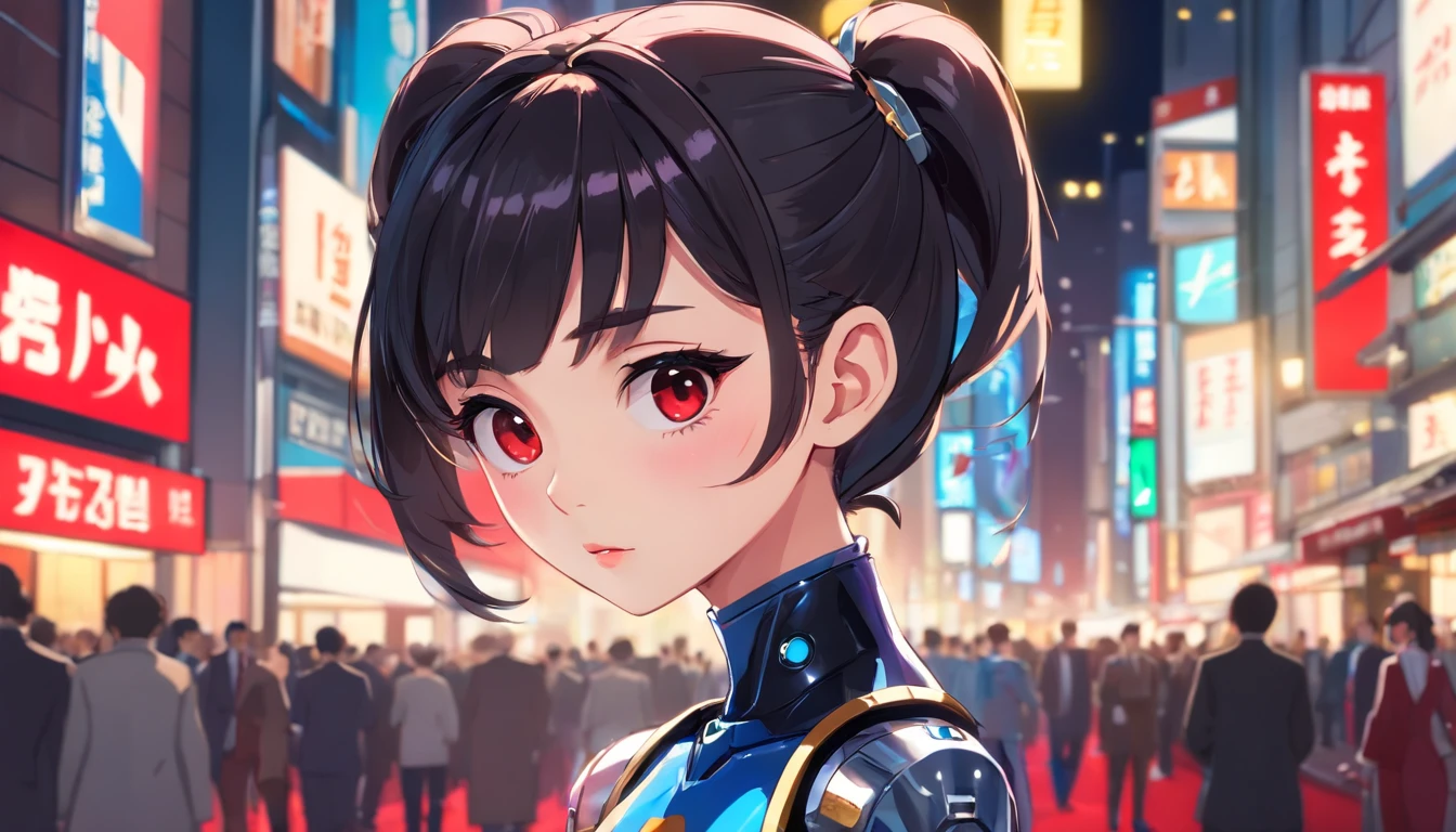 (1mecha girl:1.3, solo), (Audrey Hepburn:1.3), (a extremely pretty and beautiful Japanese cyborg girl), (sexy girl), (professional attire:1.3), (22 years old: 1.1), (walking on red carpet:1.3), (attractive random posing:1.3), (in the night royal party:1.3), (looking straight at you:1.3), (starring at you:1.3), (front view:1.3), (from side:1.3), break, (ponytail:1.3), (shiny-black thin hair:1.2), bangs, dark brown eyes, beautiful eyes, princess eyes, (big eyes:1.3), bangs, wearing a glasses:1.3, Hair between eyes, short hair:1.3, (slender:1.1), (small-medium-breasts:0.95), (thin waist: 1.15), (detailed beautiful girl: 1.4), Parted lips, Red lips, full-make-up face, (shiny skin), ((Perfect Female Body)), (cowboy shot:1.3), Perfect Anatomy, Perfect Proportions, (most beautiful Korean actress face:1.3, extremely cute and beautiful Japanese actress face:1.3), BREAK, (View viewer, wearing a lovely bitch cordinate, (insanely detailed cyborg bodysuit:1.3), (blue mechanical armor:1.3), (pin-heels:1.3), detailed clothes, BREAK, (detailed royal night party background:1.2), (dark background), (Studio soft lighting: 1.3), (fake lights: 1.3), (backlight: 1.3), BREAK, (Realistic, Photorealistic: 1.37), (Masterpiece, Best Quality: 1.2), (Ultra High Resolution: 1.2), (RAW Photo: 1.2), (Sharp Focus: 1.3), (Face Focus: 1.2), (Ultra Detailed CG Unified 8k Wallpaper: 1.2), (Beautiful Skin: 1.2), (pale Skin: 1.3), (Hyper Sharp Focus: 1.5), (Ultra Sharp Focus: 1.5), (Beautiful pretty face: 1.3), (super detailed background, detail background: 1.3), Ultra Realistic Photo, Hyper Sharp Image, Hyper Detail Image,