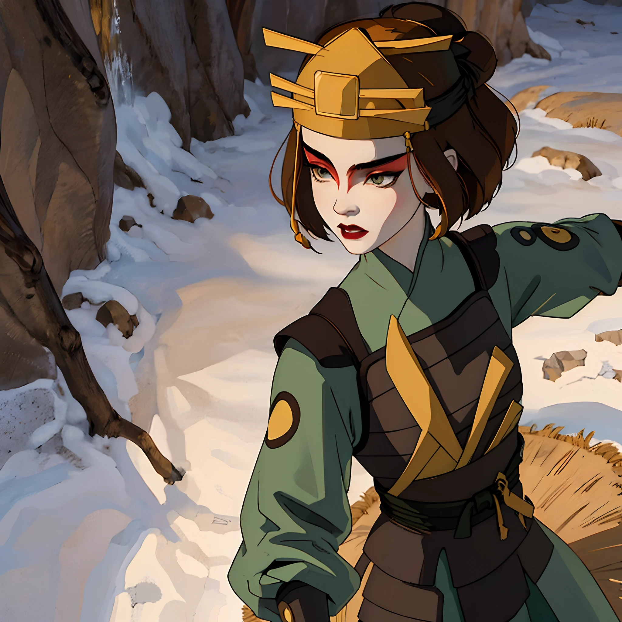 (masterpiece:1.2, best quality), (real picture, intricate details), 1lady, solo, whole body, heavy makeup, white face, red lipstick, red eyeshadow, natural fabrics, close-up body, full body, serious, warrior, female warrior, armour, short brown hair, green eyes, Kyoshi uniform, Kyoshi makeup, Kyoshi Warrior (Avatar the Last Airbender), Suki (Avatar the Last Airbender), (solo), (1girl), (close-up body), (solo, 1girl)