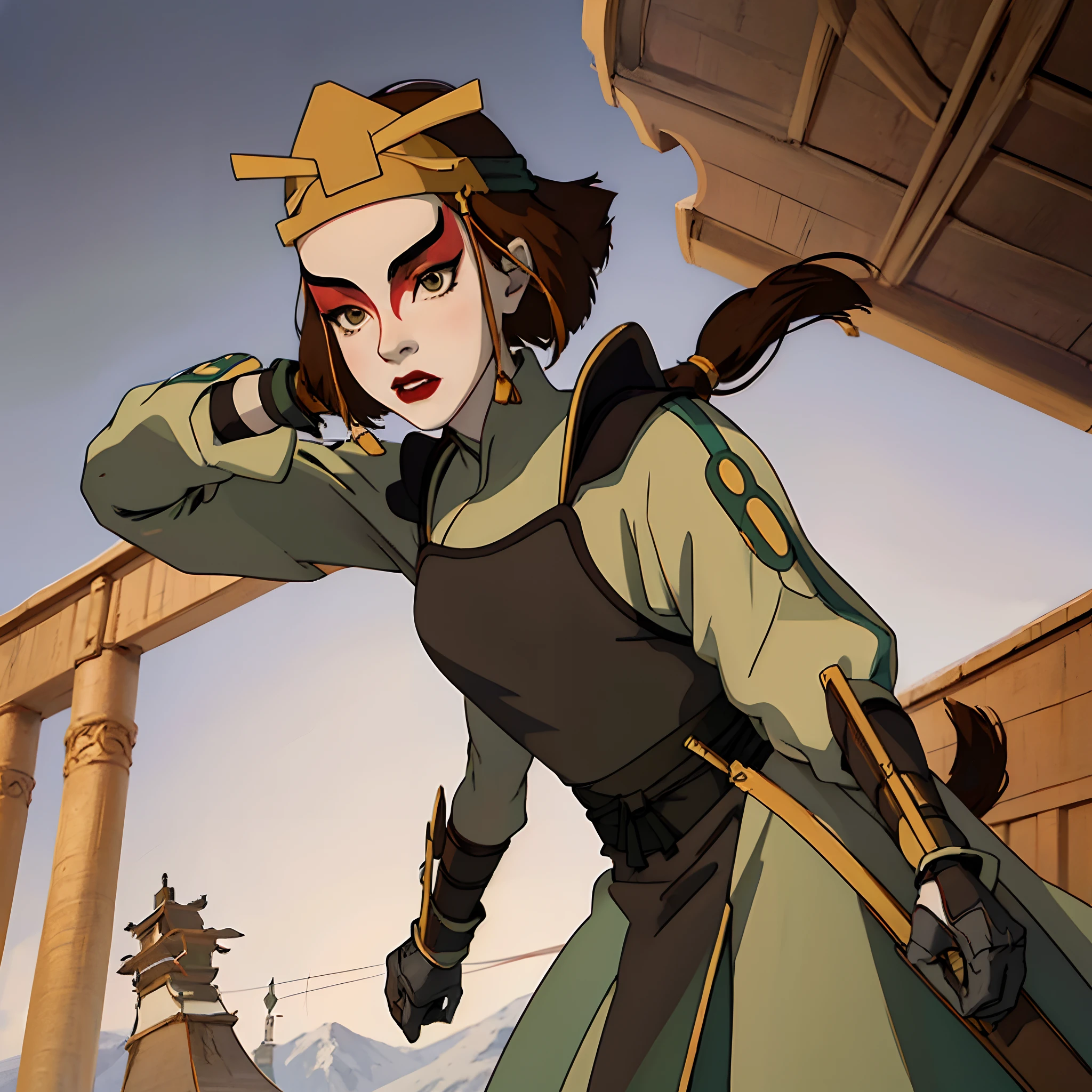 (masterpiece:1.2, best quality), (real picture, intricate details), 1lady, solo, whole body, heavy makeup, white face, red lipstick, red eyeshadow, natural fabrics, close-up body, full body, serious, warrior, female warrior, armour, short brown hair, green eyes, Kyoshi uniform, Kyoshi makeup, Kyoshi Warrior (Avatar the Last Airbender), Suki (Avatar the Last Airbender), (solo), (1girl), (close-up body), (solo, 1girl)