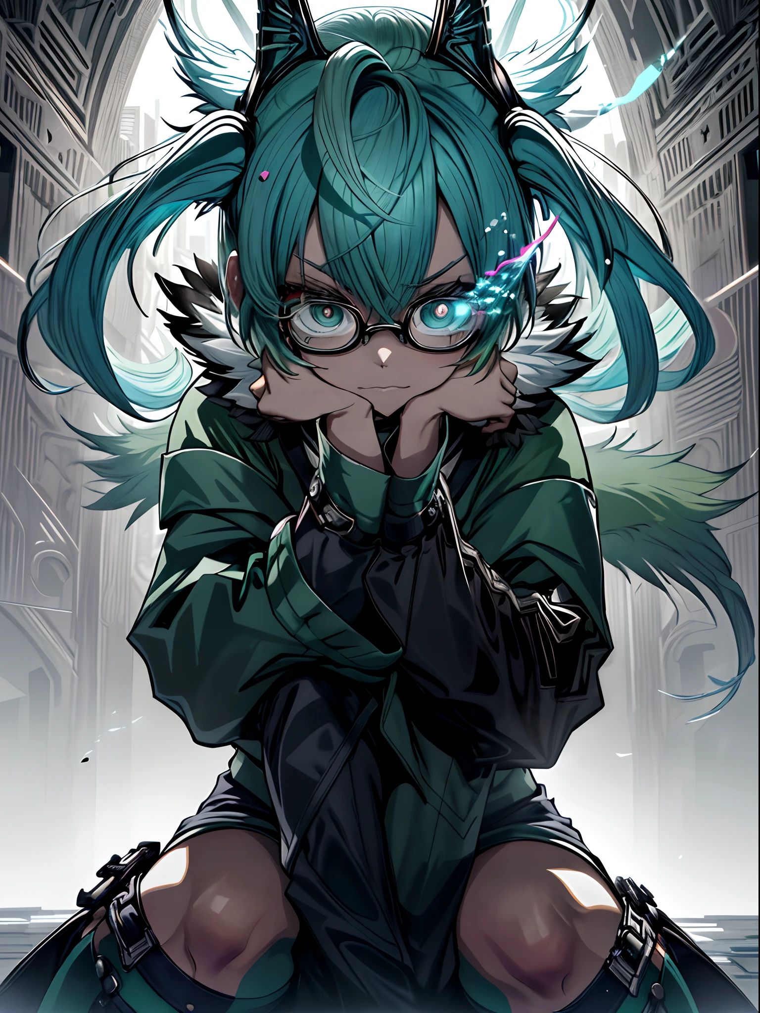 Flames from the eyes、miku hatsune、Green hair、Twin-tailed、Ahegao ( Silly / Sexual ecstasy)、Cross-eyed、Stranger、View other people、Blunt bangs、Sitting,hand between legs, Glasses, over-kneehighs,Ahegao , Silly,Sexual ecstasy,Drunken eyes,Blunt bangs, Green hair,(masutepiece:1.2, Best Quality), (finely detailed beautiful eye: 1.2), (Detailed background,Dark Fantasy), (beautifull detailed face), High contrast, (Best Illumination, extremely delicate and beautiful), ((Cinematic Light)), Colorful, Hyper Detail, Dramatic light, Intricate details,