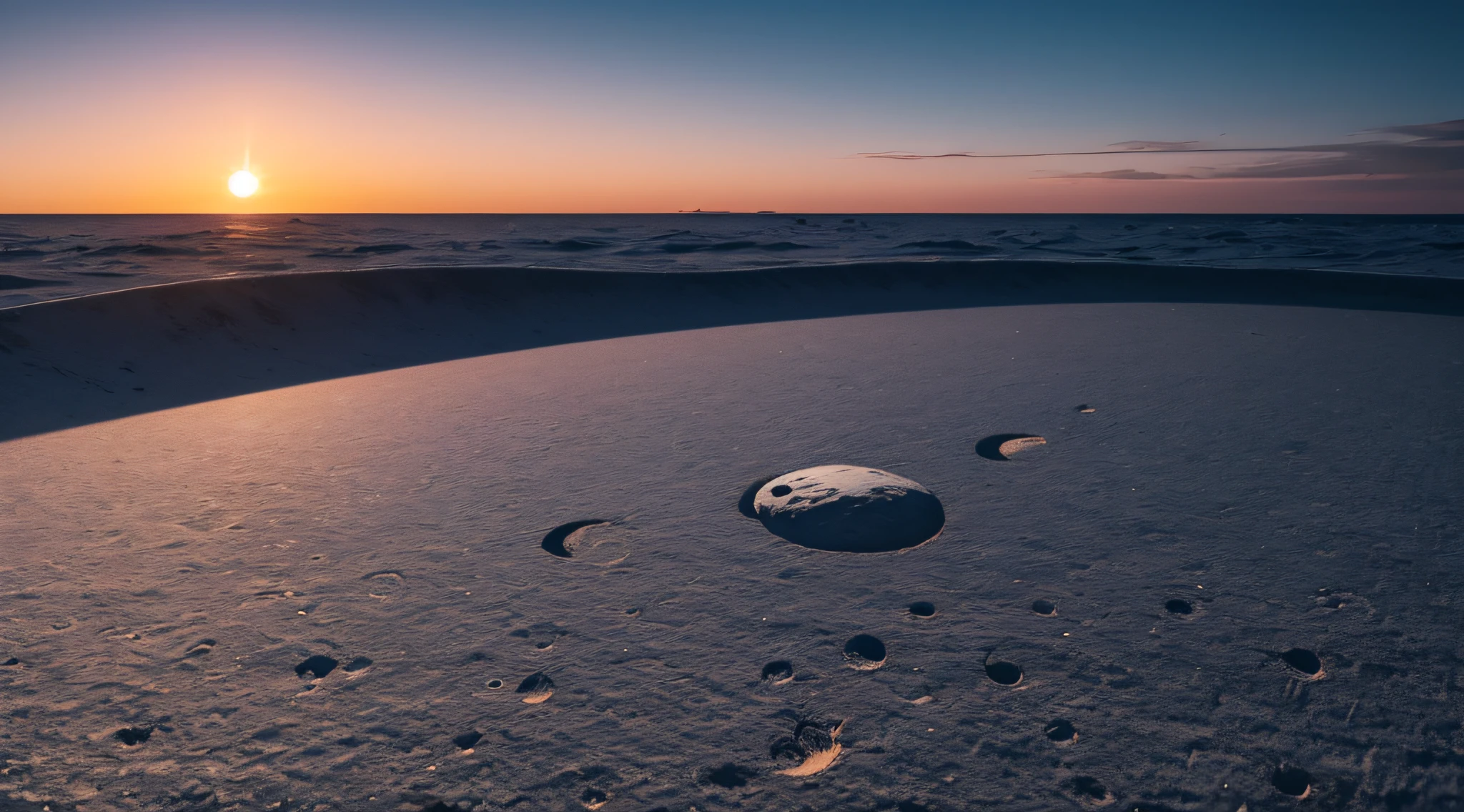 Produce an image of the flat moon's edge disappearing into the horizon