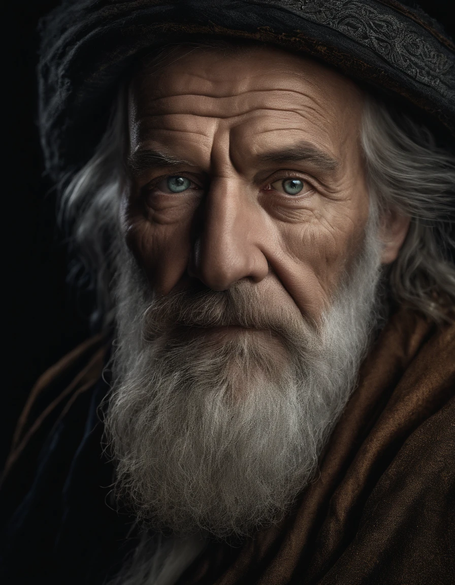 A portrait of a wizard, bearded, wrinkled, weathered, with piercing eyes, detailed face, high details, photography, dark studio, rim light, Nikon D850, 50mm, f/1.4