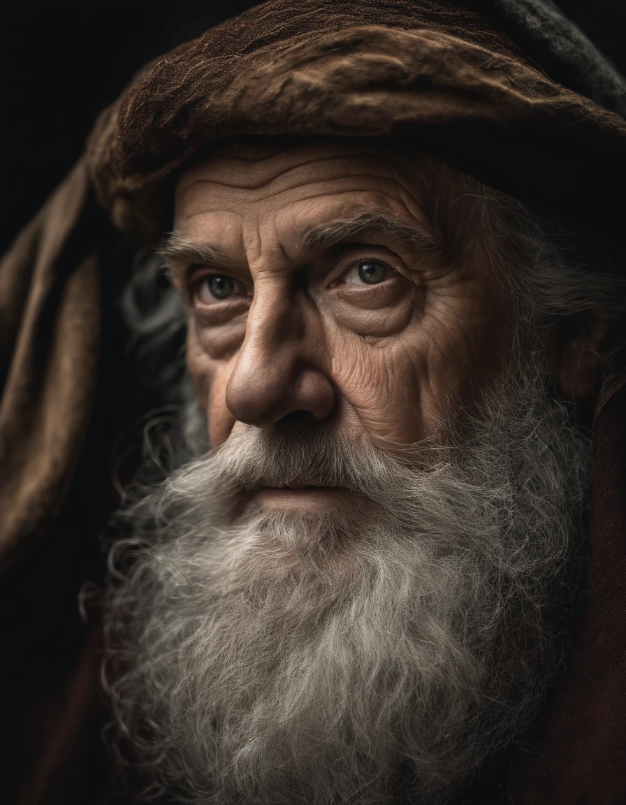 A portrait of a wizard, bearded, wrinkled, weathered, with piercing eyes, detailed face, high details, photography, dark studio, rim light, Nikon D850, 50mm, f/1.4