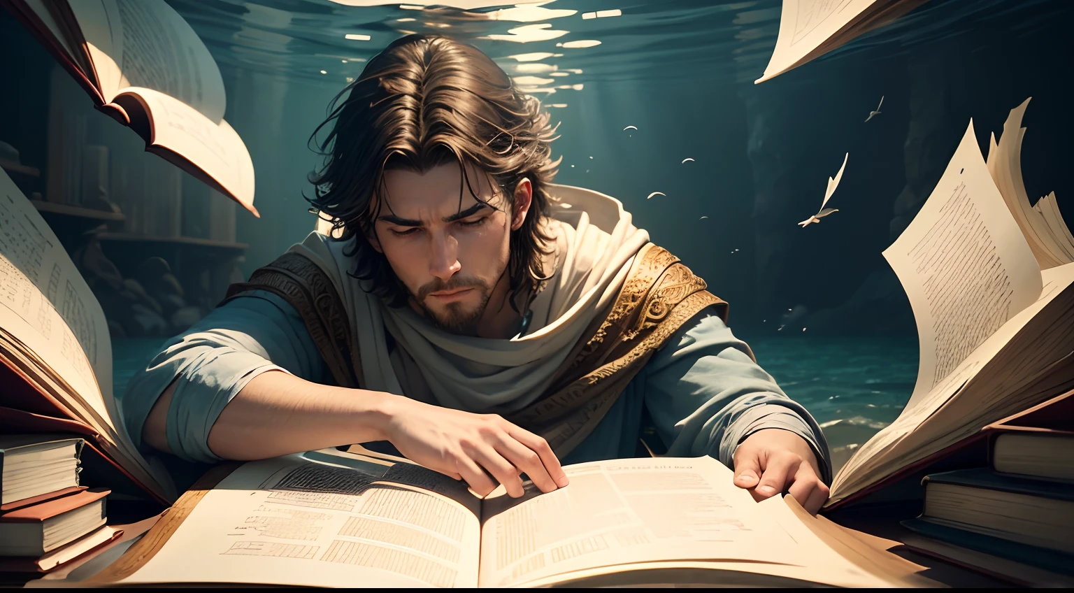 Create an image that shows a man dressed in biblical clothing, submerged in an ocean of pages from a giant book, where each page represents a different scene or story from the Bible. He is deeply immersed in the narrative.