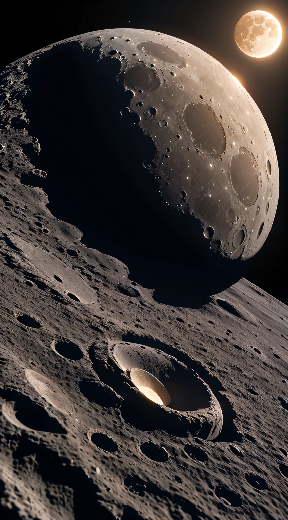 Generate an image of a flat moon with a prominent crater or feature.