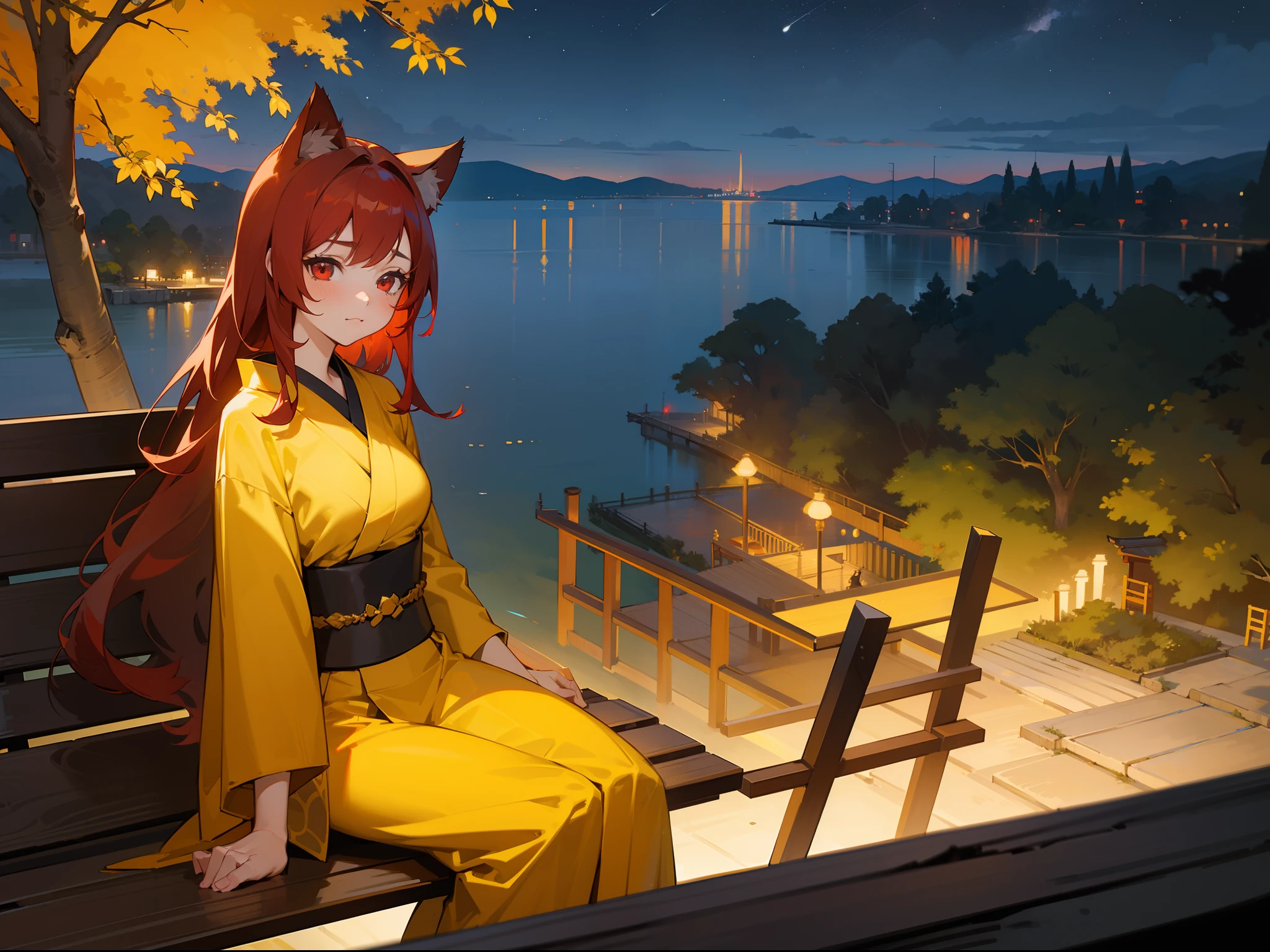 1girl ,20s,sad face,medium tits,red hair,long hair,red eyes,Cat ears,yellow kimono, sitting on a bench looking at the sky, high on a cliff at night, night, the viewer is sitting next to her bench,trees background