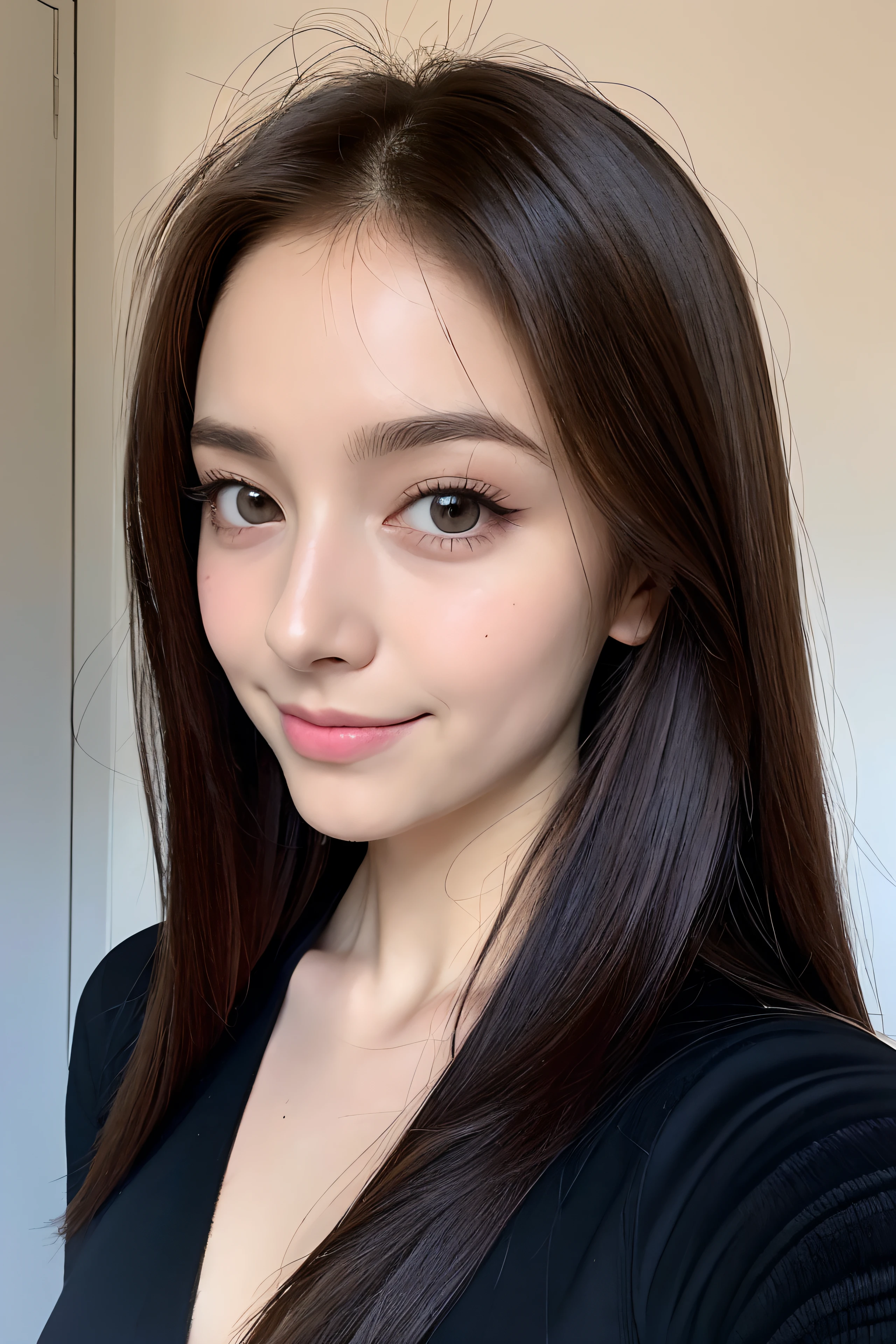 ((Best picture quality, 8K, tmasterpiece:1.3)), 1girll, Beautiful woman with slender abs:1.3, (Casual hairstyle, No leakage of big breasts:1.2), Low-cut bra，Super large，Ultra-fine face, A detailed eye, 二重まぶた，ssmile，Home，The figure is very bad，tiny small waist，Super big breasts，Close-up，Close-up chest，White-skinned，The background is casual，Close-up Shot Shot