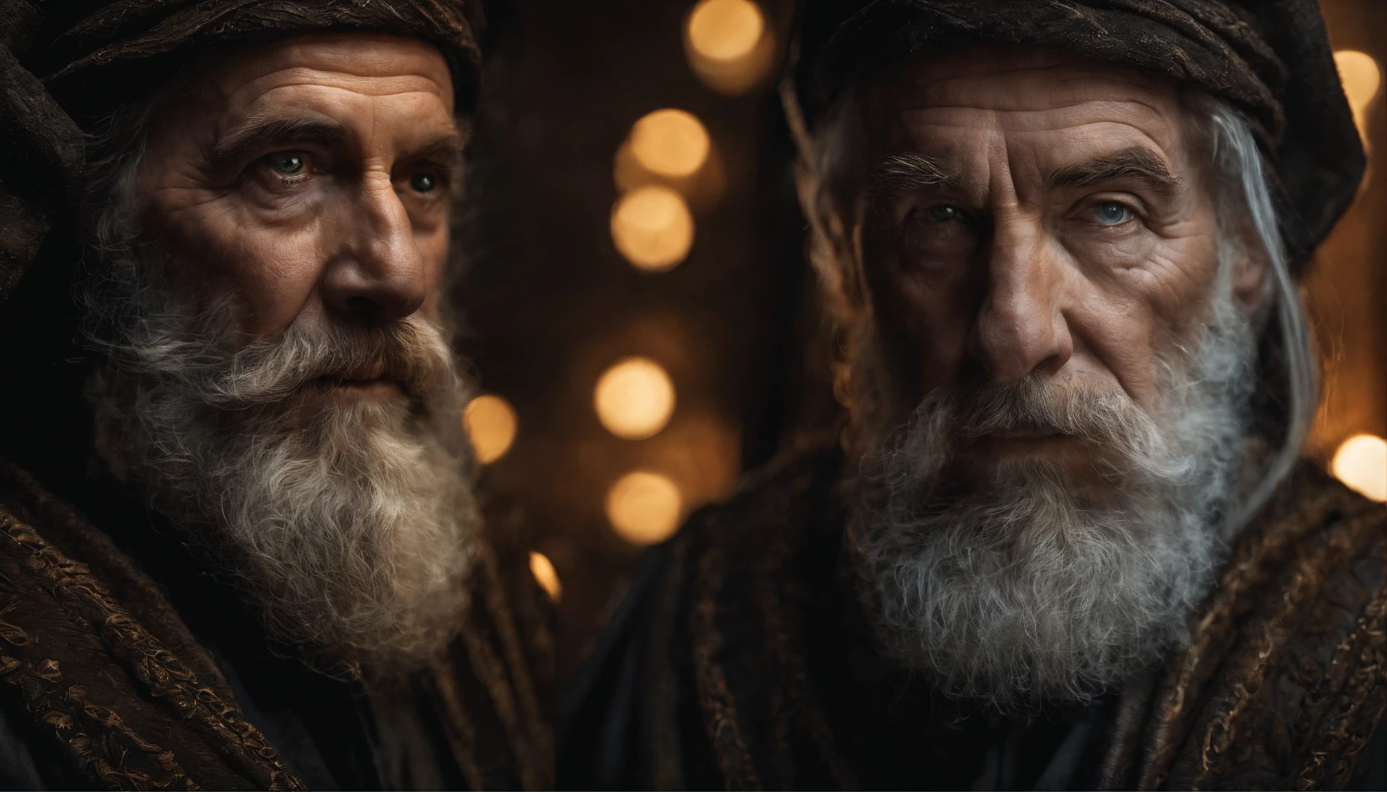 A portrait of a wizard, bearded, wrinkled, weathered, with piercing eyes, detailed face, high details, photography, dark studio, rim light, Nikon D850, 50mm, f/1.4