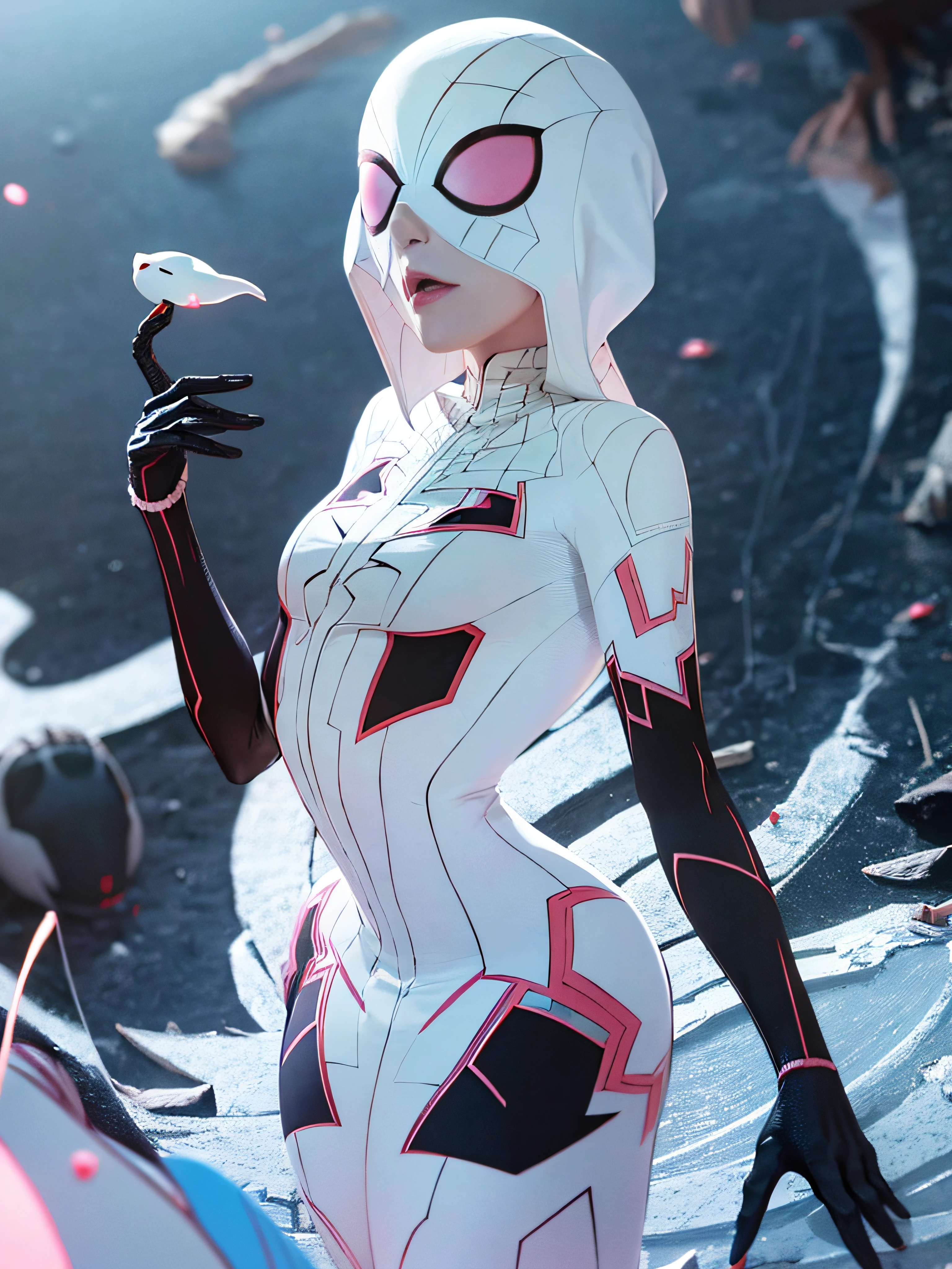 ghost spider, gwen in a black outfit with spider in the center of his chest in white, organic looking outfit, gooey forehead, symbiote, white eyes, fine art, ps5 cinematic screenshot,highly detailed detailed cinematic rendering, ultra photorealistic raytricing, with cinematic lighting