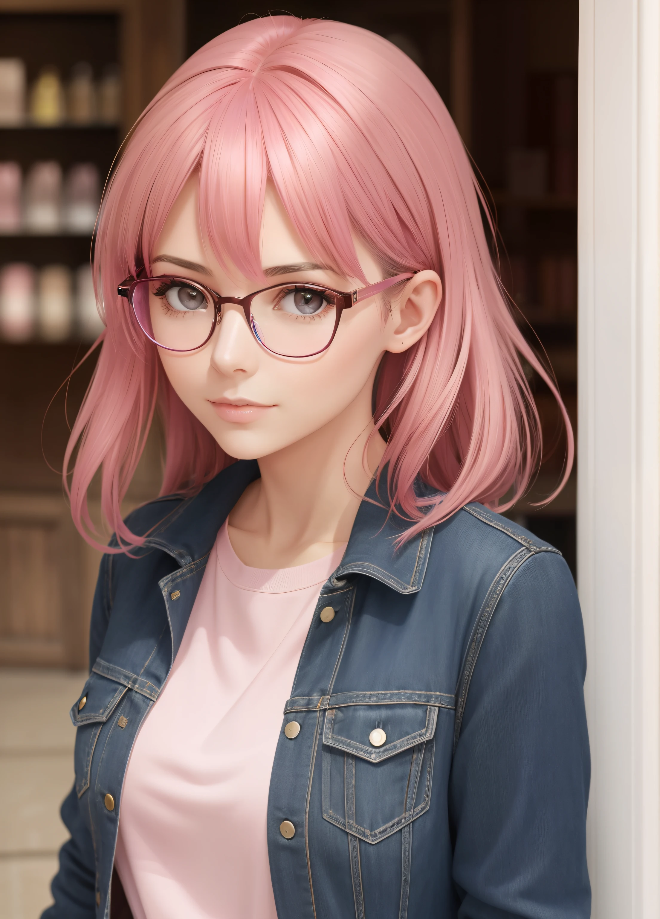 fille de 25 ans realiste, brune qui marche en secouant ses cheveux , pink hair, glasses, brown eyes