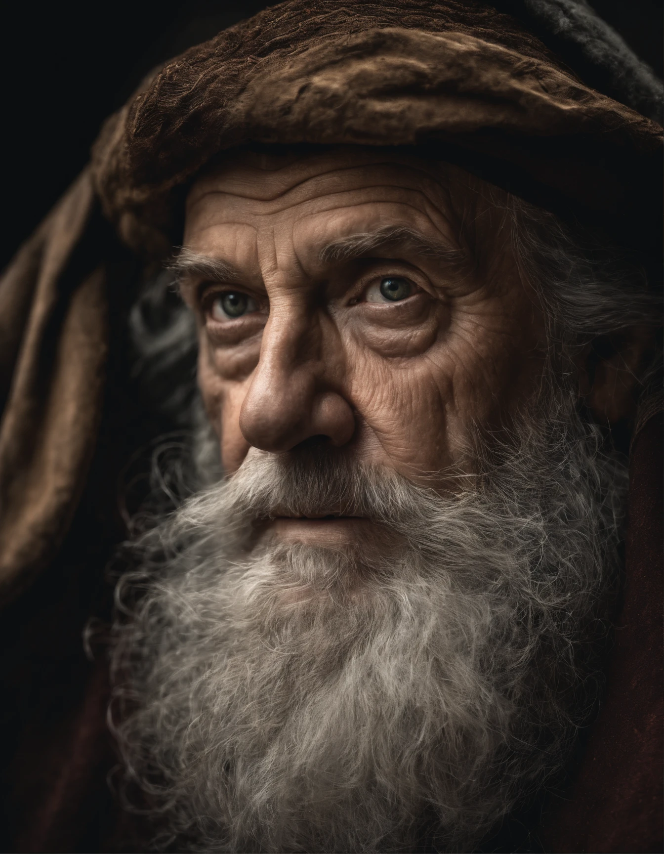 A portrait of a wizard, bearded, wrinkled, weathered, with piercing eyes, detailed face, high details, photography, dark studio, rim light, Nikon D850, 50mm, f/1.4