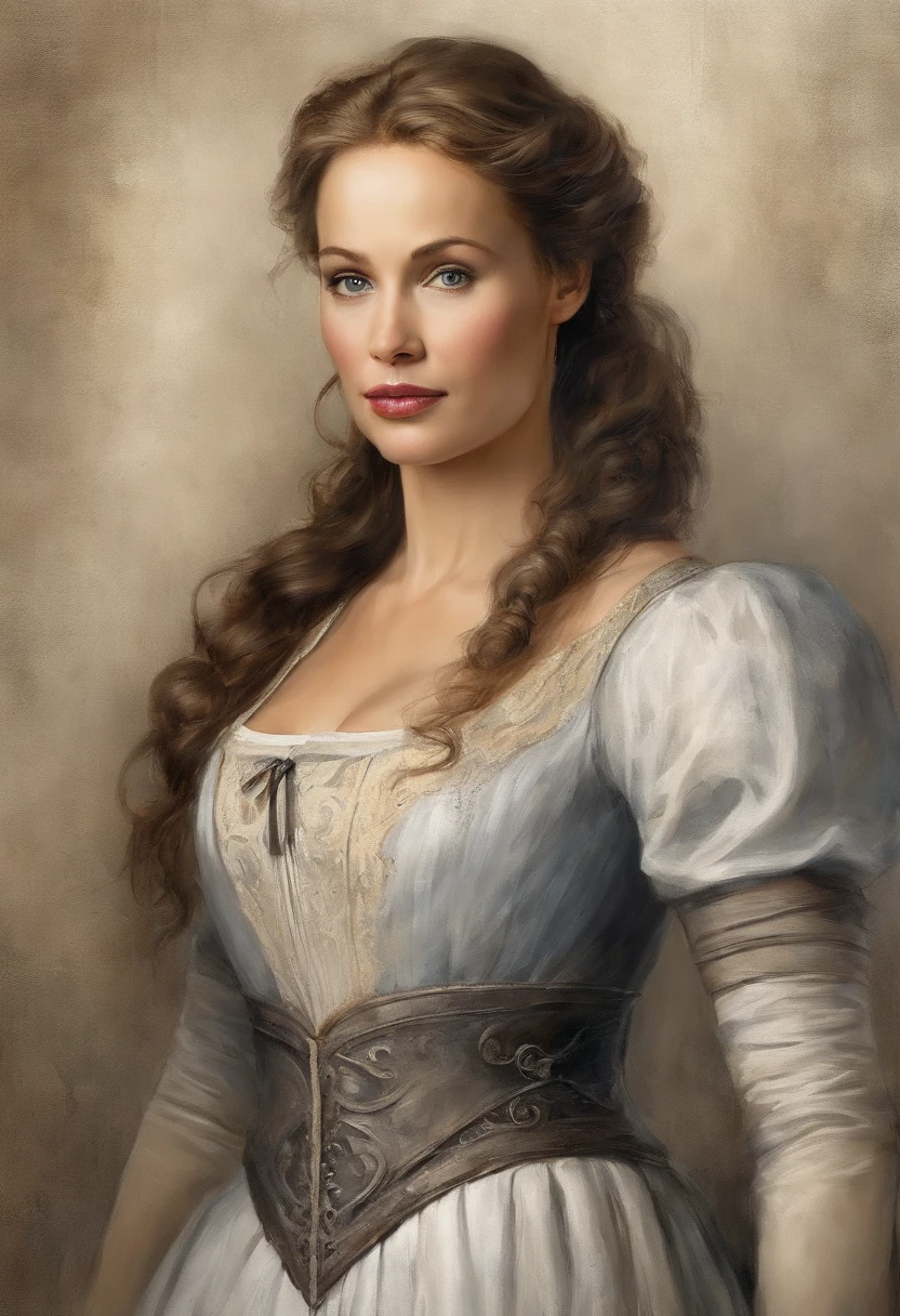 Portrait of Rebecca De Mornay very beautiful medieval girl Mirena from the movie Dracula Untold (2014), female image of Mirena from the movie Dracula Untold (2014), cara muy hermosa y esbelta de Sarah Gadon, cabello largo rubio grueso, Su cabello brilla con oro, lleva un hermoso atuendo medieval europeo , Camisa de lino blanco con mangas de codo, Dark grey and tight corset, Low and wide red leather belt around her waist from Dracula Untold (2014), ojos azules, dark gray shadows on your eyelids, long, thick black eyelashes, accentuated cheekbones, hermosos labios rojos sensuales, Alrededor del siglo 15, La Edad Media, This woman is twenty-six years old -