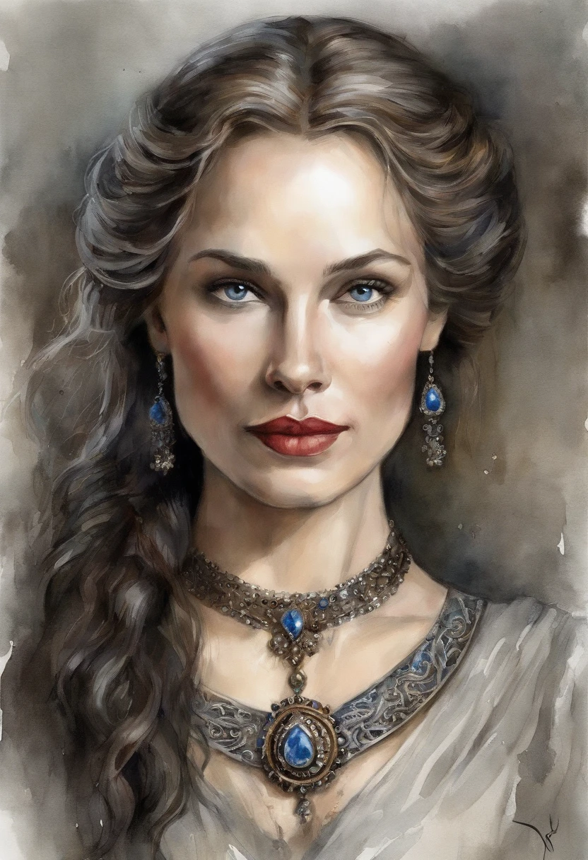 Portrait of a very beautiful medieval young woman Mirena from the film Dracula Untold (2014), feminine image of Mirena from the film Dracula Untold (2014), very beautiful and slender face of Sarah Gadon, long blond thick hair, her hair shimmers with gold, she wears a beautiful medieval European outfit , white linen shirt with elbow sleeves, dark gray and tight corset, low and wide red leather belt around her waist from Dracula Untold (2014), blue eyes, dark gray shadows on her eyelids, long black thick eyelashes, accentuated cheekbones, beautiful sensual red lips, around the 15th century, the Middle Ages, this woman is twenty-six years old -