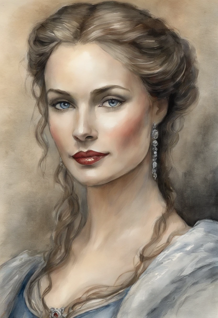 Portrait of Rebecca De Mornay very beautiful medieval girl Mirena from the movie Dracula Untold (2014), female image of Mirena from the movie Dracula Untold (2014), cara muy hermosa y esbelta de Sarah Gadon, cabello largo rubio grueso, Su cabello brilla con oro, lleva un hermoso atuendo medieval europeo , Camisa de lino blanco con mangas de codo, Dark grey and tight corset, Low and wide red leather belt around her waist from Dracula Untold (2014), ojos azules, dark gray shadows on your eyelids, long, thick black eyelashes, accentuated cheekbones, hermosos labios rojos sensuales, Alrededor del siglo 15, La Edad Media, This woman is twenty-six years old -