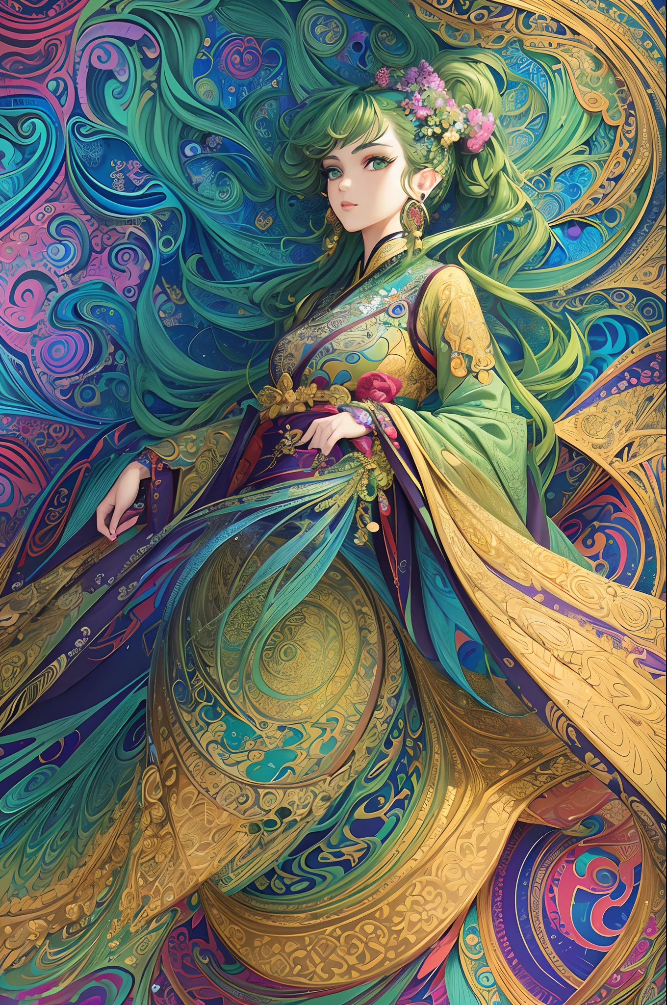 (masterpiece, top quality, best quality, official art, beautiful and aesthetic:1.2), (1beautiful woman :1.3), extremely detailed,(fractal art:1.1),(colorful:1.1),highest detailed,(zentangle:1.2), (dynamic pose), (abstract background:1.5), (green hanfu dress:1.2), (shiny skin), (many colors:1.4), ,(earrings:1.4),