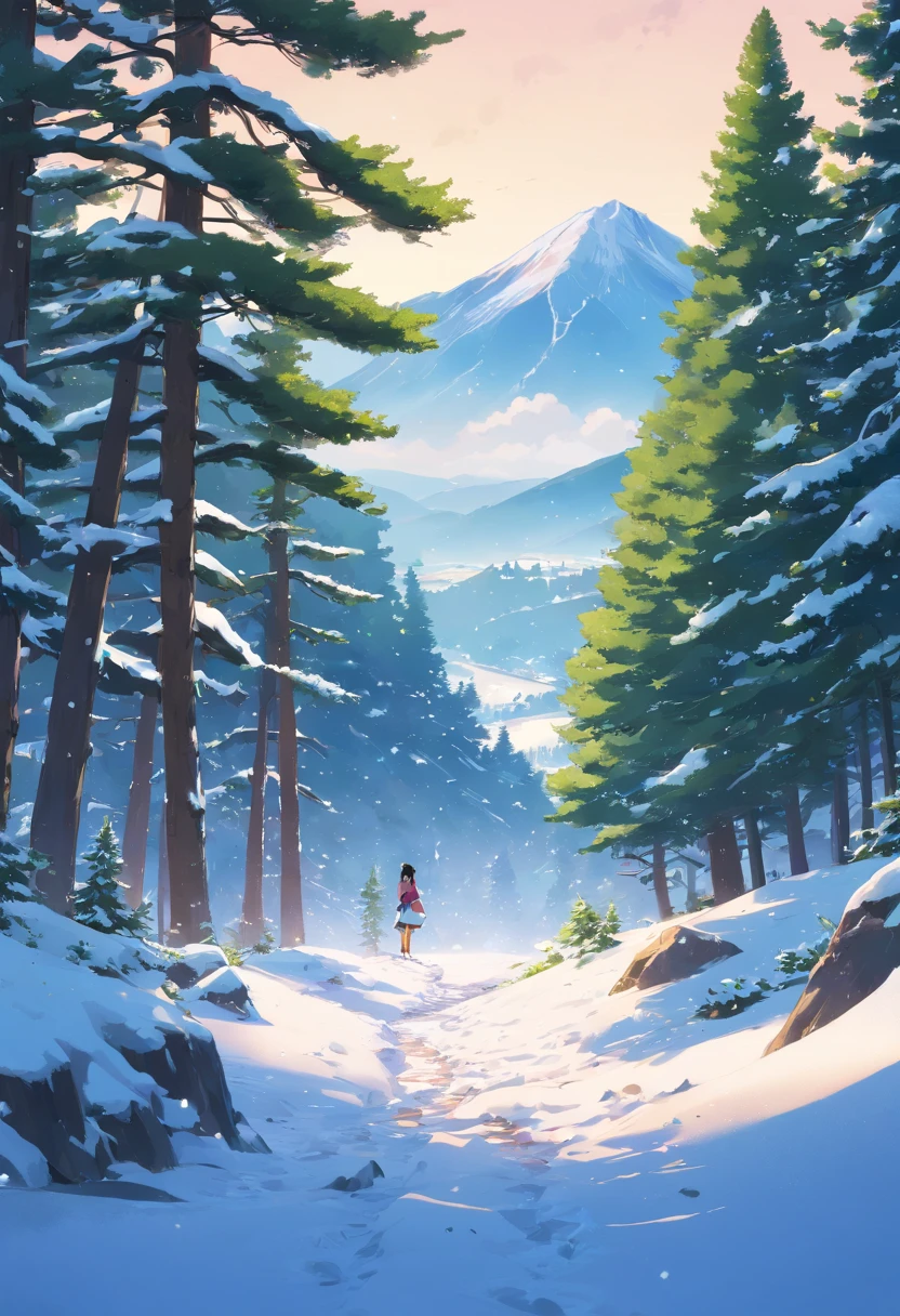 Valley view, ((Pine trees at the foot of the mountain)), ((Snow on the top of the mountain)), Cinematic, 8K, Detailed, Realistic, rendering by octane, (((Intricate details)), hdr, ((Intricate details, ultra - detailed)), Photorealistic, Ultra photo realsisim, Realistic shadows, Realistic lighting
