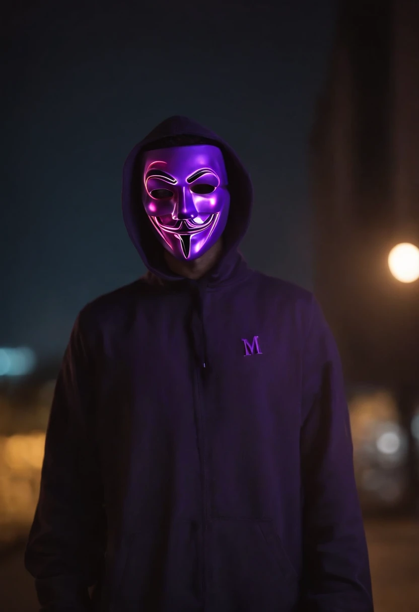 hacker vestindo um terno roxo com um sobretudo preto por cima, with a neon halloween mask with the Greek letter M