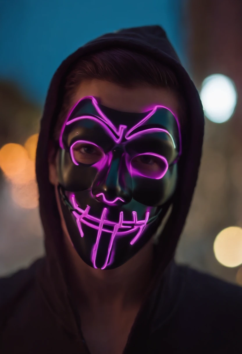 hacker vestindo um terno roxo com um sobretudo preto por cima, with a neon halloween mask with the Greek letter M
