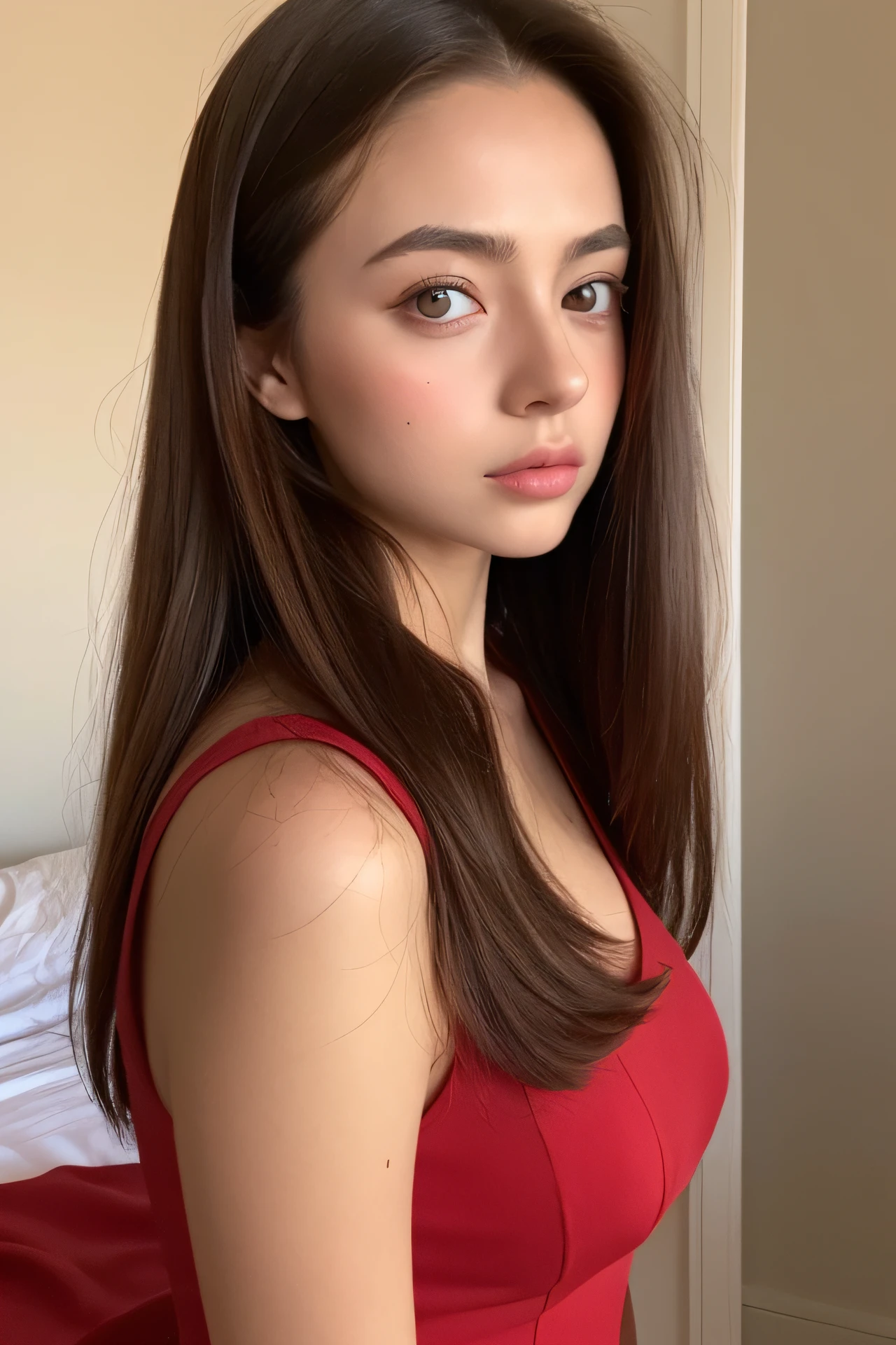 arafed woman with a red dress, sexy girl with brown eyes, portrait sophie mudd, brown hair and large eyes, selfie of a young woman, bedroom eyes, violet myers, without makeup, natural makeup, looking away fromthe camera, face with artgram, subtle makeup, stunning full body shot