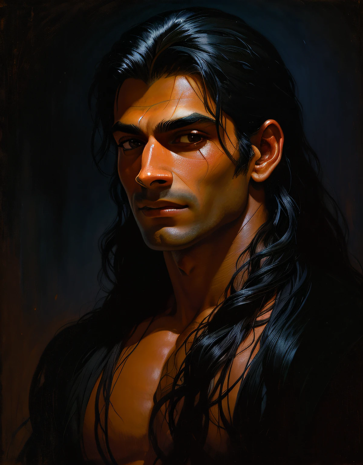 (dark theme:0.9), portrait of a young hindu man with long black hair pulled back at the nape of the neck, sharp features, Tarzan look, grim, smily stare, dark colors, Volumetric lighting, oil painting by Frank Frazetta, muted colors, complex background,
