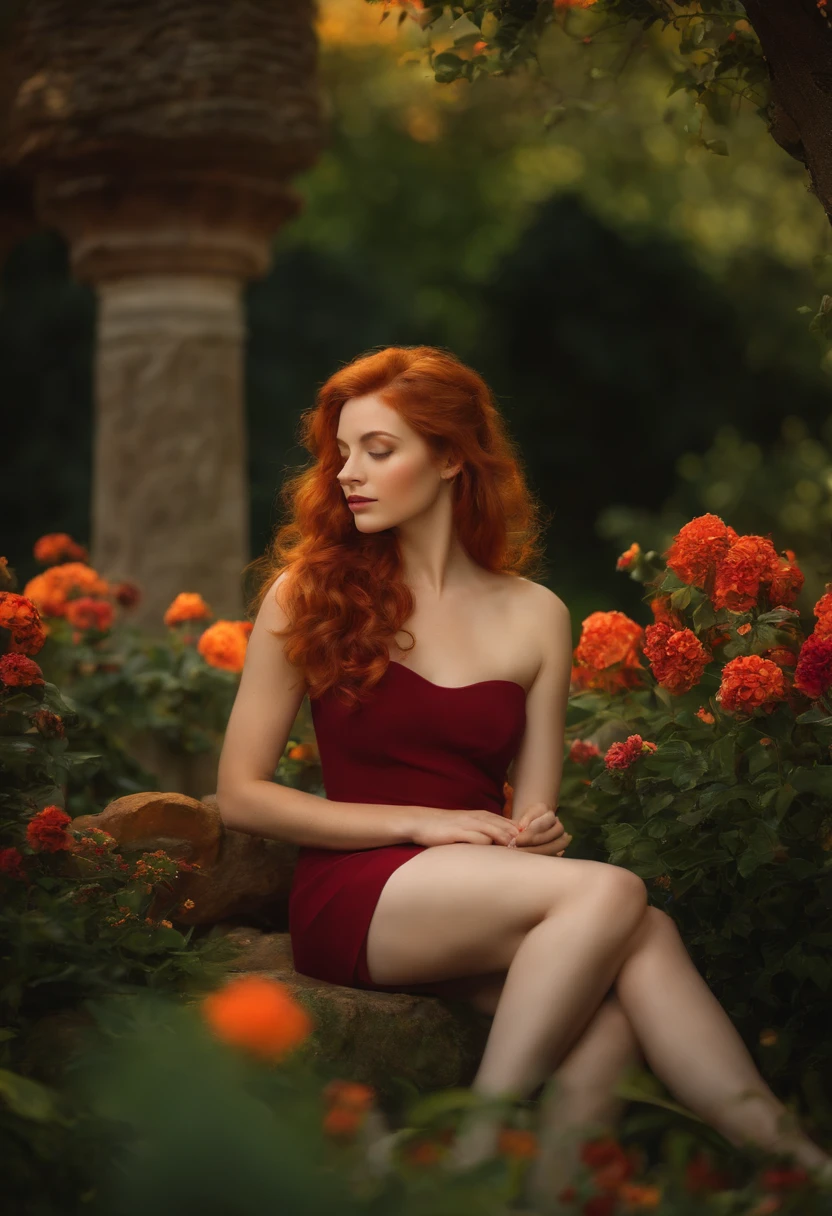 fille rousse nue dans le jardin