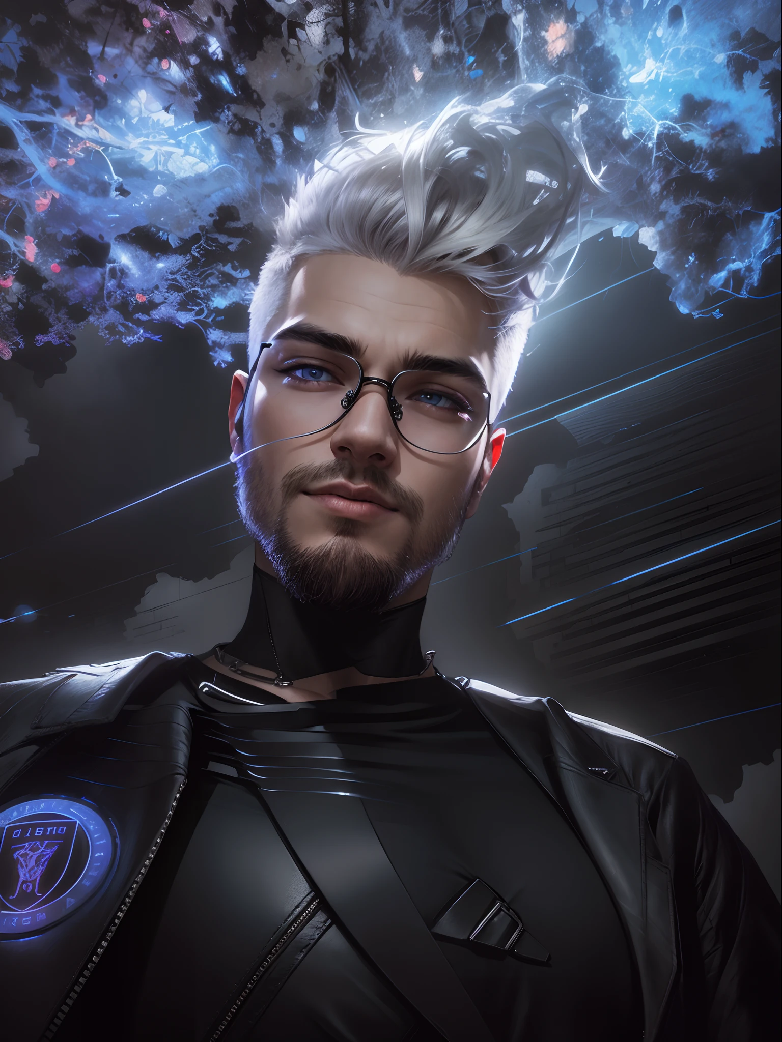 Realistic portrait, perfect coloring, vivid and real colors, a robust 21-year-old man with short white hair, wearing round cyberpunk style glasses and wearing black leather jacket with silver details, futuristic and gorgeous style, perfect