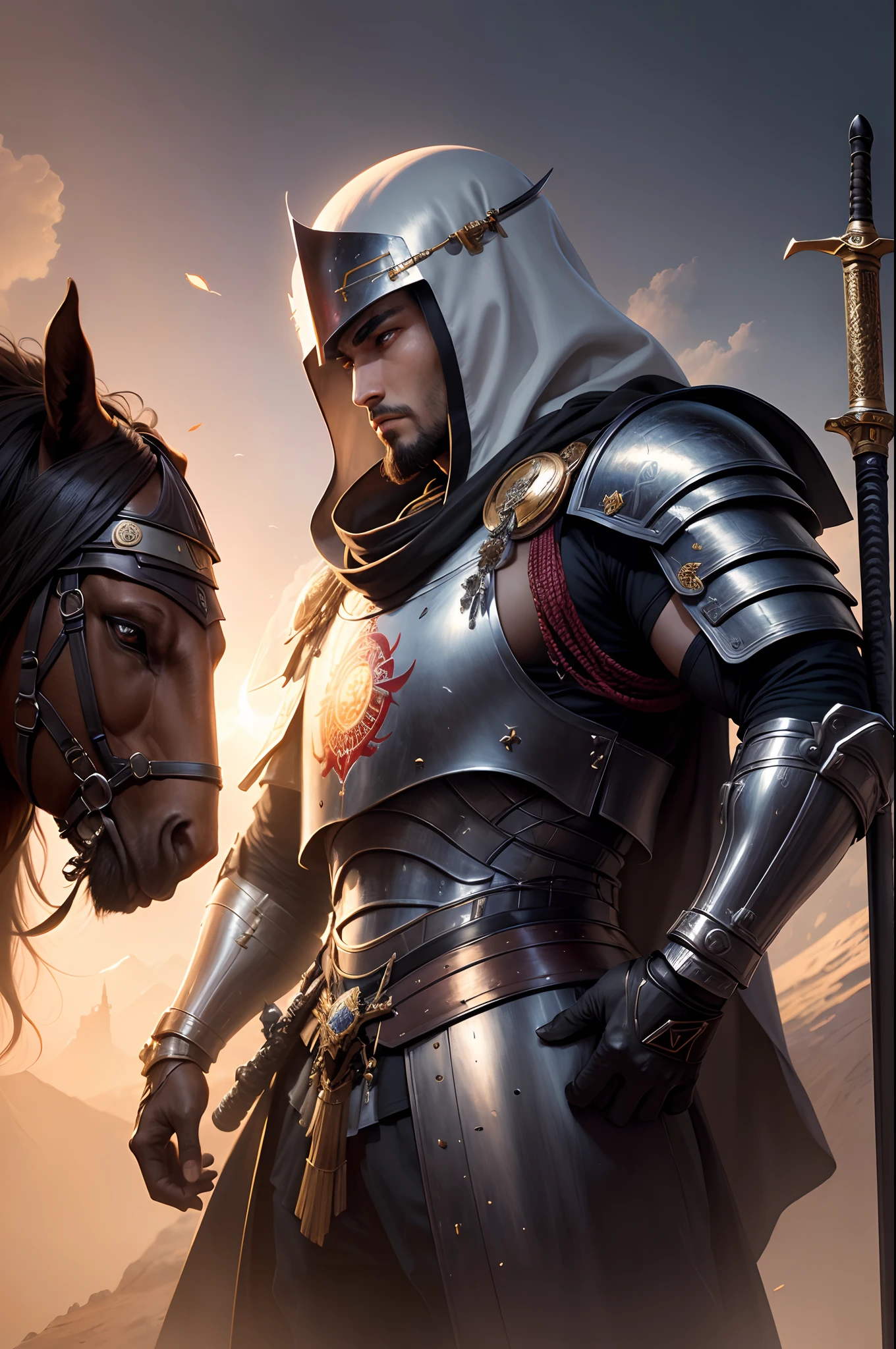 (Sci-fi fantasy), (Masterpiece), (professional oil painting) (best quality), (8k resolution), two men,, the first is Arabic knight, the second is Japanese Samurai, theSamurai, Arabian knight, Arabic knight vs Samurai, Arabic knight uniform, Samurai uniform, Arabic sword, Samurai sword, Arabic Sword vs Samurai Sword