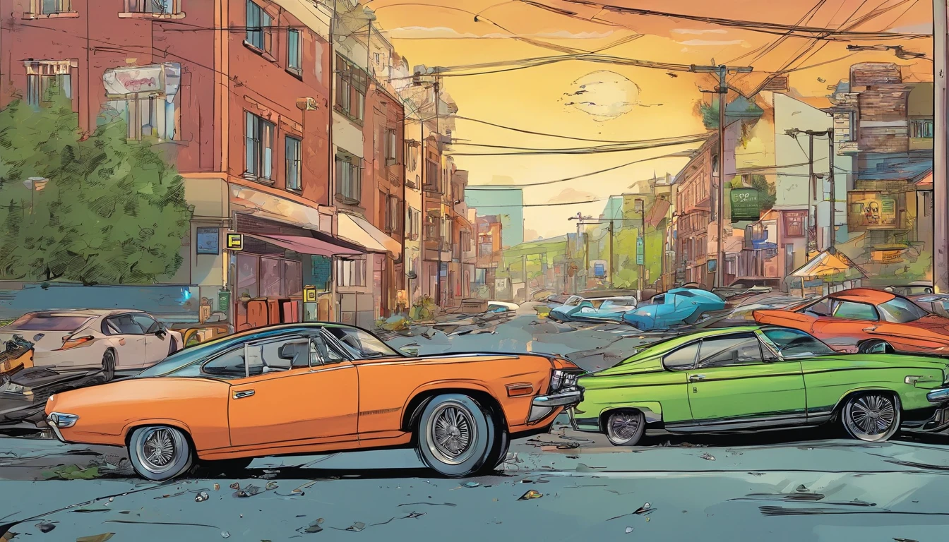 several cars, crashing through a high fence, additional details showing (((splashes of debris))), (((airborne, defying gravity))), action-packed style, digital art medium, inspired by fast-paced movies, high-resolution impact, dramatic lighting suggesting motion, intense, close-up view aspect, (((pedestrians running away))), ((BOOM👄👄👄))