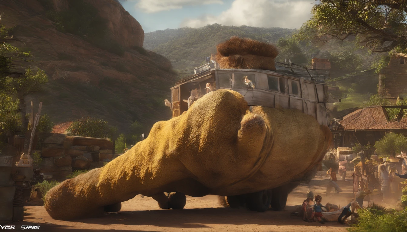 Gere uma imagem 3D super realista em 8K em 16:Formato 9 com uma formiga marrom posicionada no centro, de costas para a tela, holding a tree trunk. In the background, Adicione um sol laranja grande com um efeito de desfoque, puxando para o amarelo. Certifique-se de todos os detalhes, textures and shadows are highly realistic.