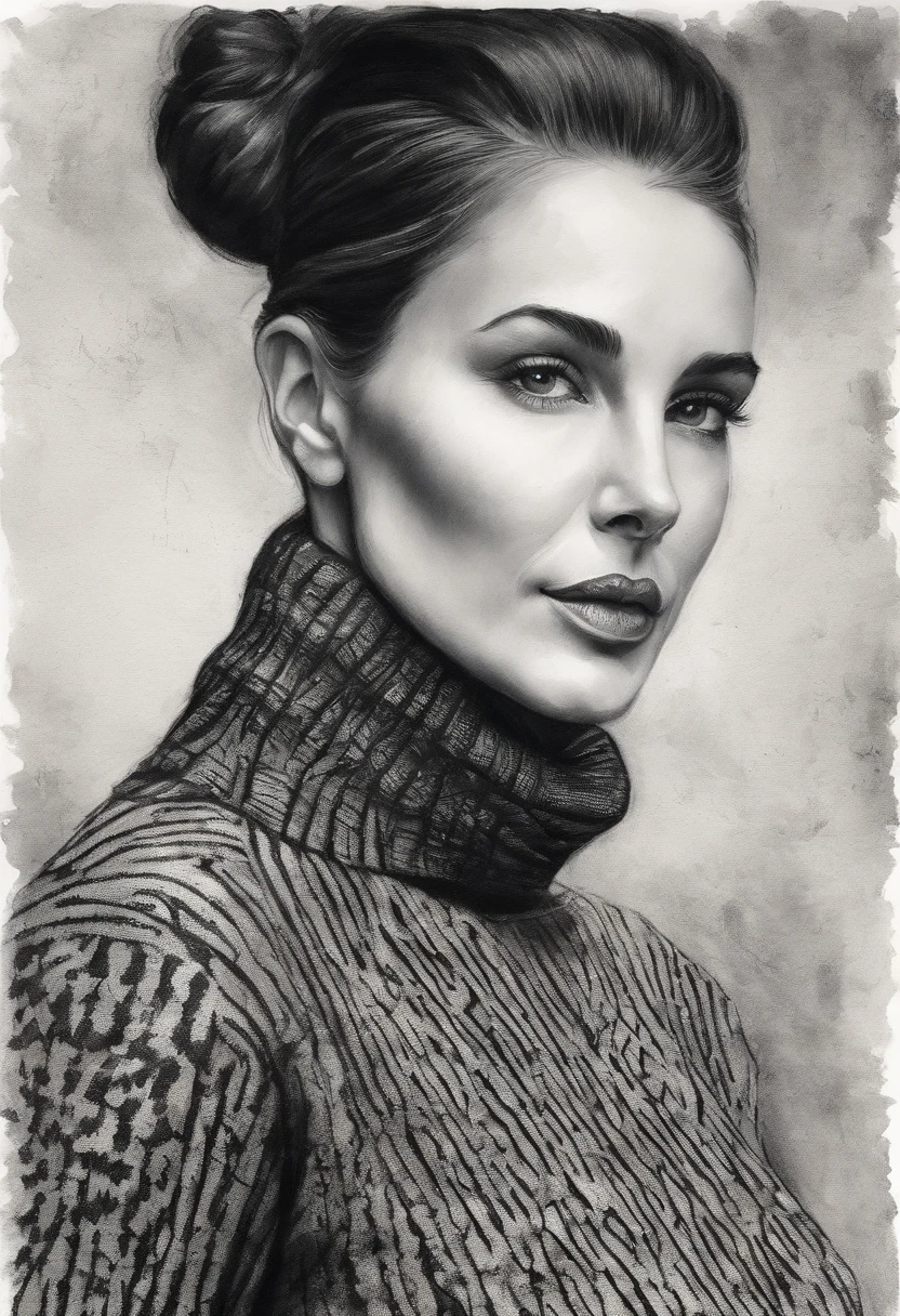 A black and white photo of a woman wearing a turtleneck sweater, Se parece a Audrey Hepburn, inspired by Marina Abramović, Winona Ryder, Maggie Cheung, Hermosa Caitriona Balfe, por Sergio Burzi, inspirado por Olga Rozanova, inspirado por Clifford Ross, por Silvia Dimitrova, inspirado por Caterina Tarabotti, por Clifford Ross, Mano debajo de la barbilla, Cabello largo, ropa negra,