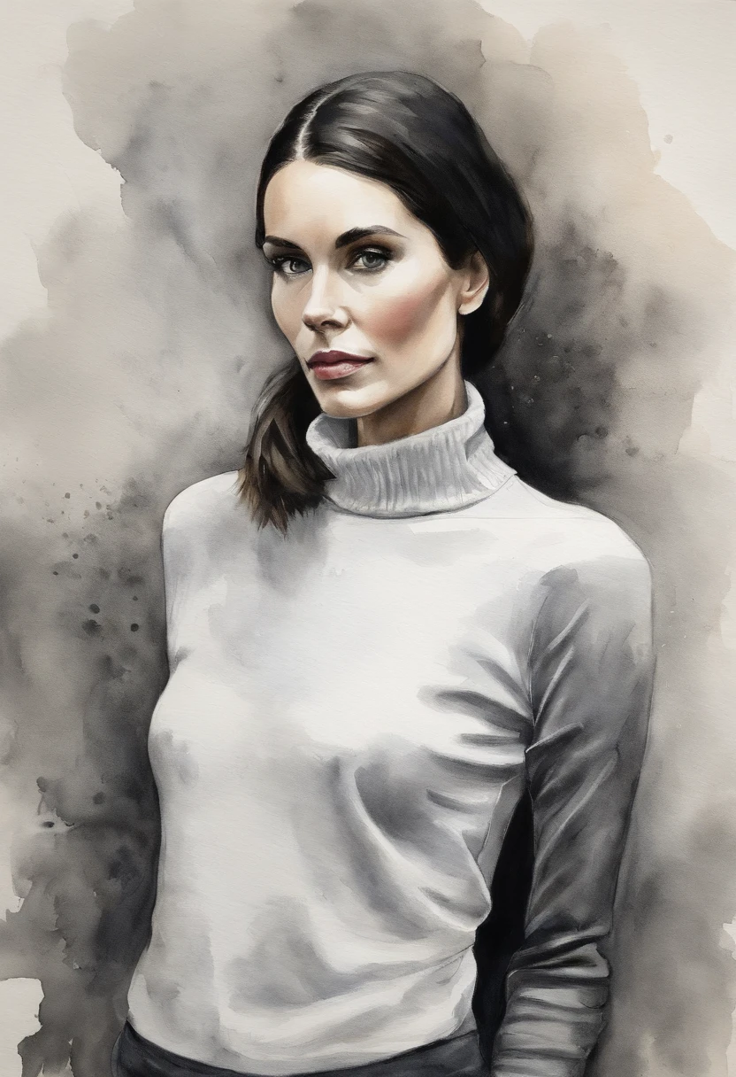 A black and white photo of a woman wearing a turtleneck sweater, Se parece a Audrey Hepburn, inspired by Marina Abramović, Winona Ryder, Maggie Cheung, Hermosa Caitriona Balfe, por Sergio Burzi, inspirado por Olga Rozanova, inspirado por Clifford Ross, por Silvia Dimitrova, inspirado por Caterina Tarabotti, por Clifford Ross, Mano debajo de la barbilla, Cabello largo, ropa negra,