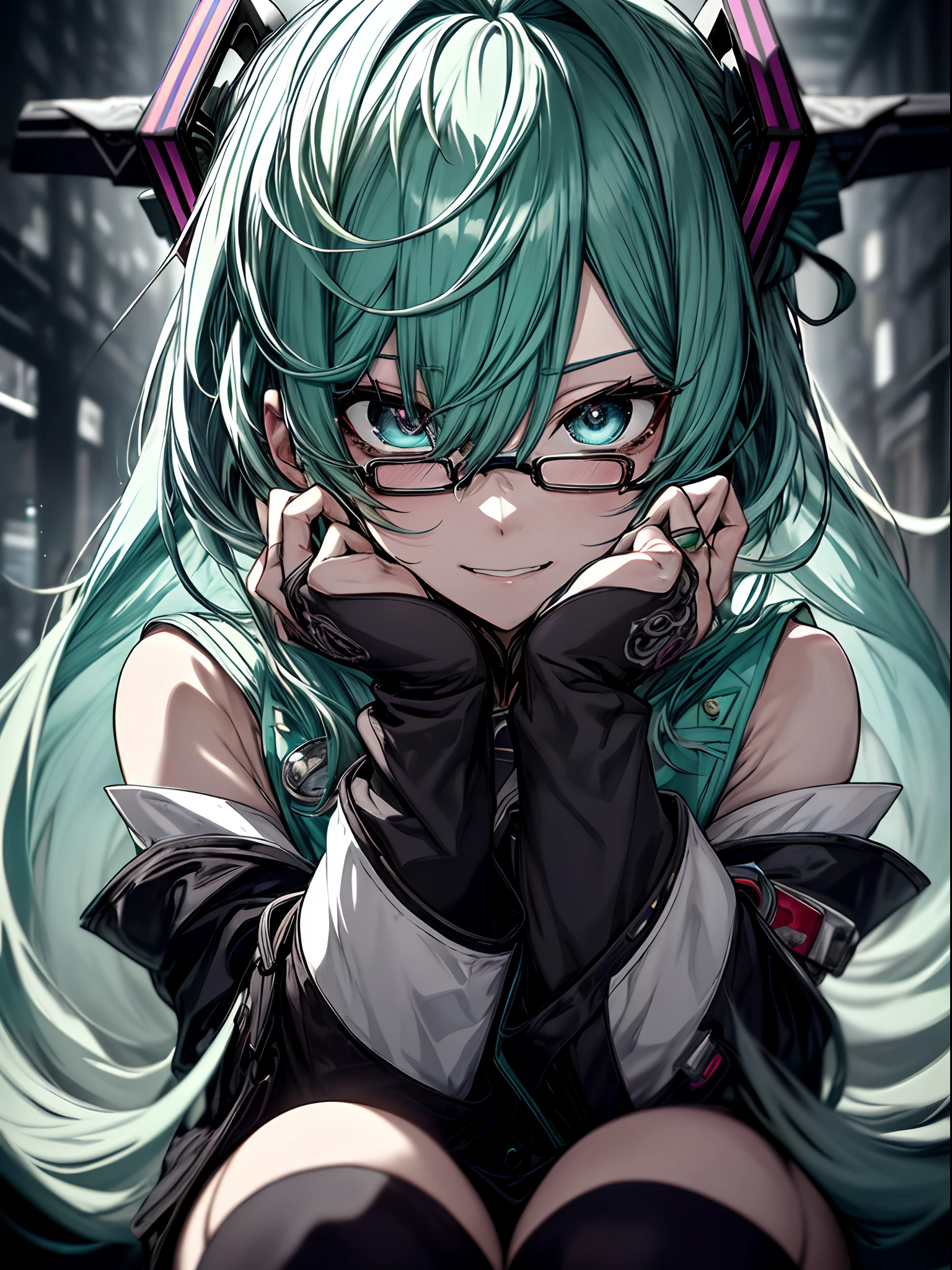 miku hatsune、Green hair、Twin-tailed、Ahegao ( Silly / Sexual ecstasy)、Cross-eyed、Stranger、View other people、Blunt bangs、Sitting,hand between legs, Glasses, over-kneehighs,Ahegao , Silly,Sexual ecstasy,Drunken eyes,Blunt bangs, Green hair,(masutepiece:1.2, Best Quality), (finely detailed beautiful eye: 1.2), (Detailed background,Dark Fantasy), (beautifull detailed face), High contrast, (Best Illumination, extremely delicate and beautiful), ((Cinematic Light)), Colorful, Hyper Detail, Dramatic light, Intricate details,