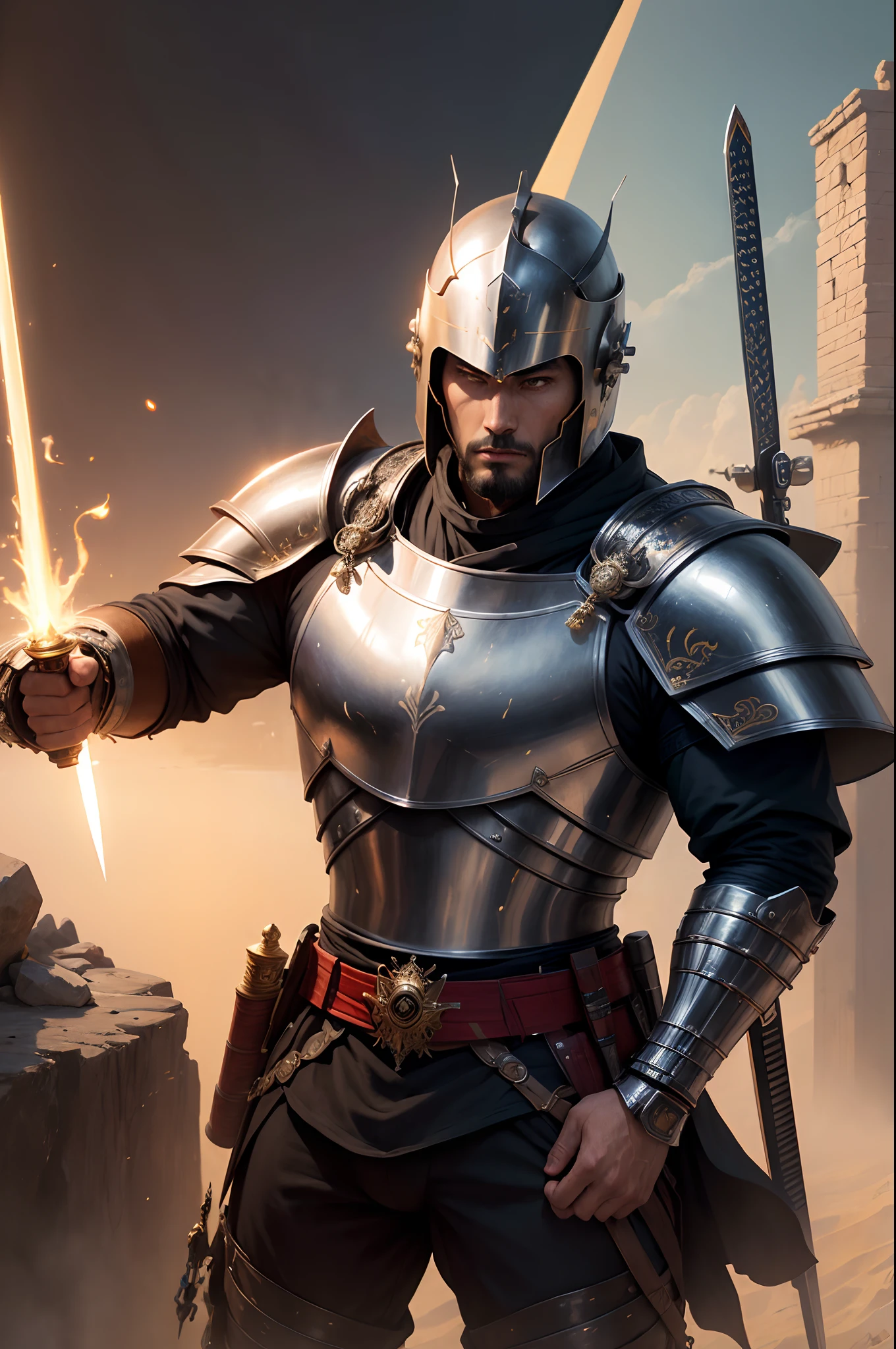 (Sci-fi fantasy), (Masterpiece), (professional oil painting) (best quality), (8k resolution), two men,, the first is Arabic knight, the second is Japanese Samurai, theSamurai, Arabian knight, Arabic knight vs Samurai, Arabic knight uniform, Samurai uniform, Arabic sword, Samurai sword, Arabic Sword vs Samurai Sword