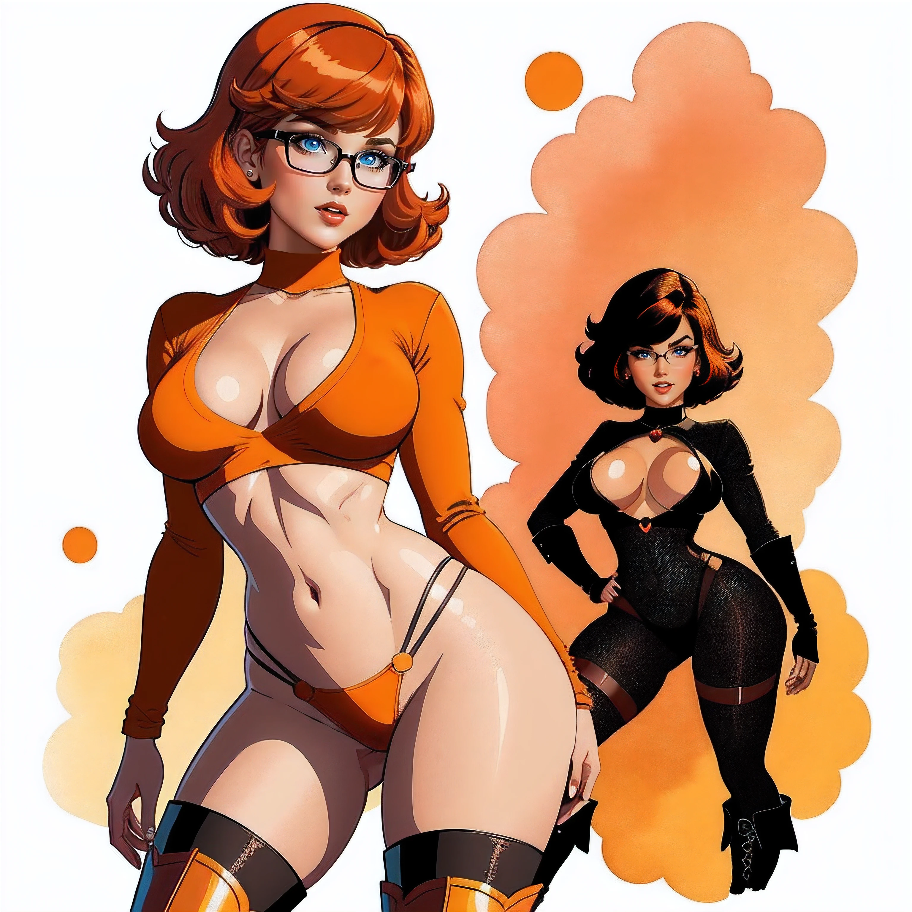 STICKER, A detailed illustration of a vivid Sexy Velma Dinkley from Scooby Doo naked, bare breasts, face view, ass view, side by side, orange thong, Solo Female, medium breasts, full cleavage, Full Body View, orange high heeled boots, soft nipples, hands behind her back, vintage t-shirt design, in the style of hand drawing, 3D vector art, fantasy art, watercolour effect, Adobe Illustrator, hand-drawn, digital painting, low-poly, soft lighting, isometric style, retro aesthetic, focused on the character, 8K, Best Quality, Masterpiece, Beautiful Eyes and Face Details