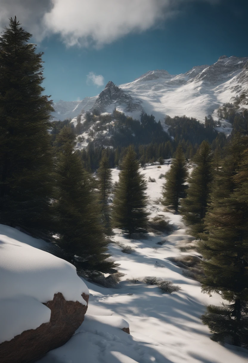 Valley view, ((Pine trees at the foot of the mountain)), ((Snow on the top of the mountain)), Cinematic, 8K, Detailed, Realistic, rendering by octane, (((Intricate details)), hdr, ((Intricate details, ultra - detailed)), Photorealistic, Ultra photo realsisim, Realistic shadows, Realistic lighting