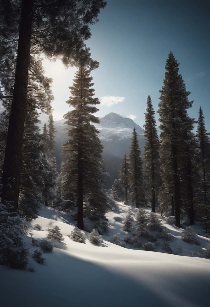 Valley view, ((Pine trees at the foot of the mountain)), ((Snow on the top of the mountain)), Cinematic, 8K, Detailed, Realistic, rendering by octane, (((Intricate details)), hdr, ((Intricate details, ultra - detailed)), Photorealistic, Ultra photo realsisim, Realistic shadows, Realistic lighting